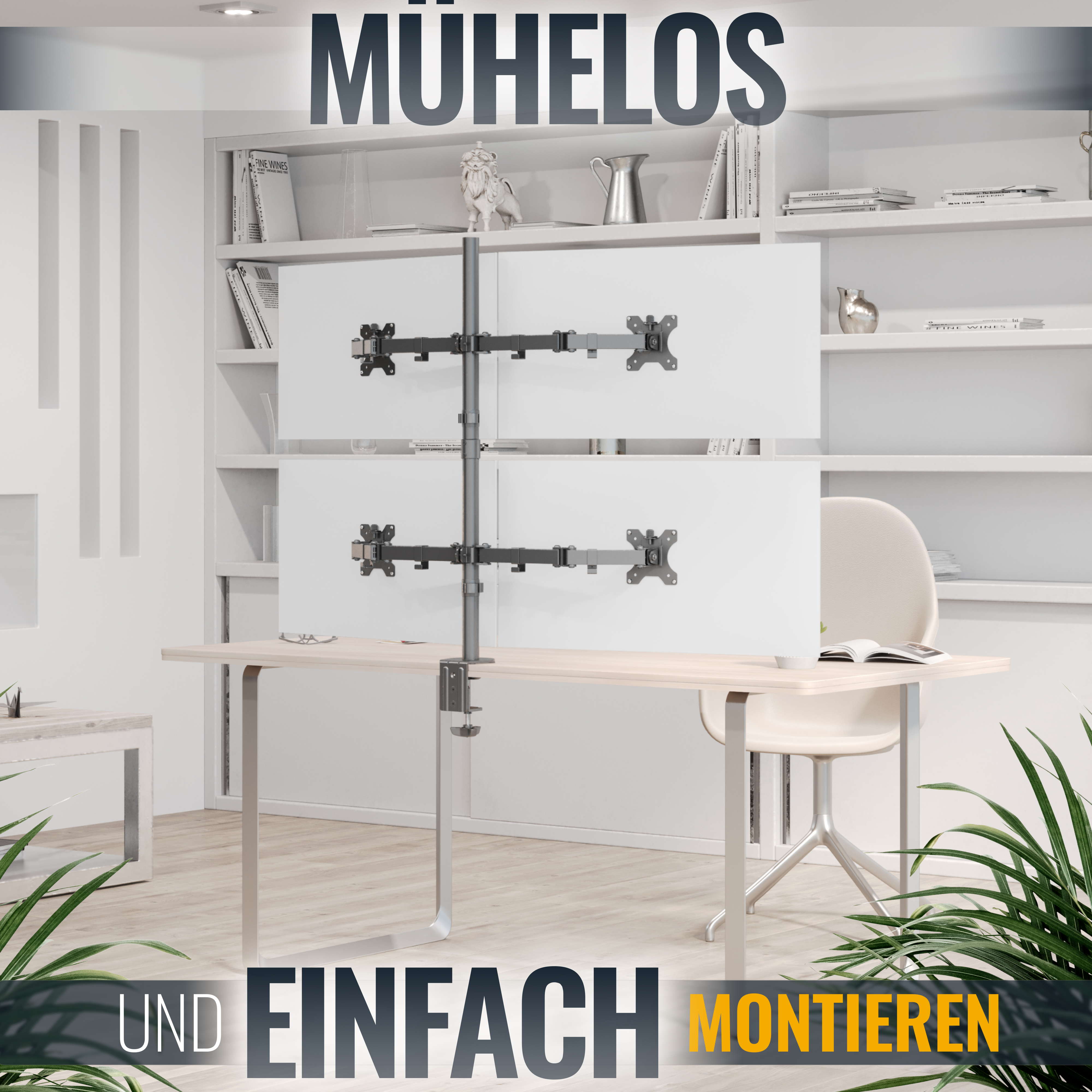 Ein Arbeitsplatz mit zwei Monitoren, einem Schreibtisch und Regalen. Der Text 'Mühelos und Einfach Montieren' ist sichtbar.