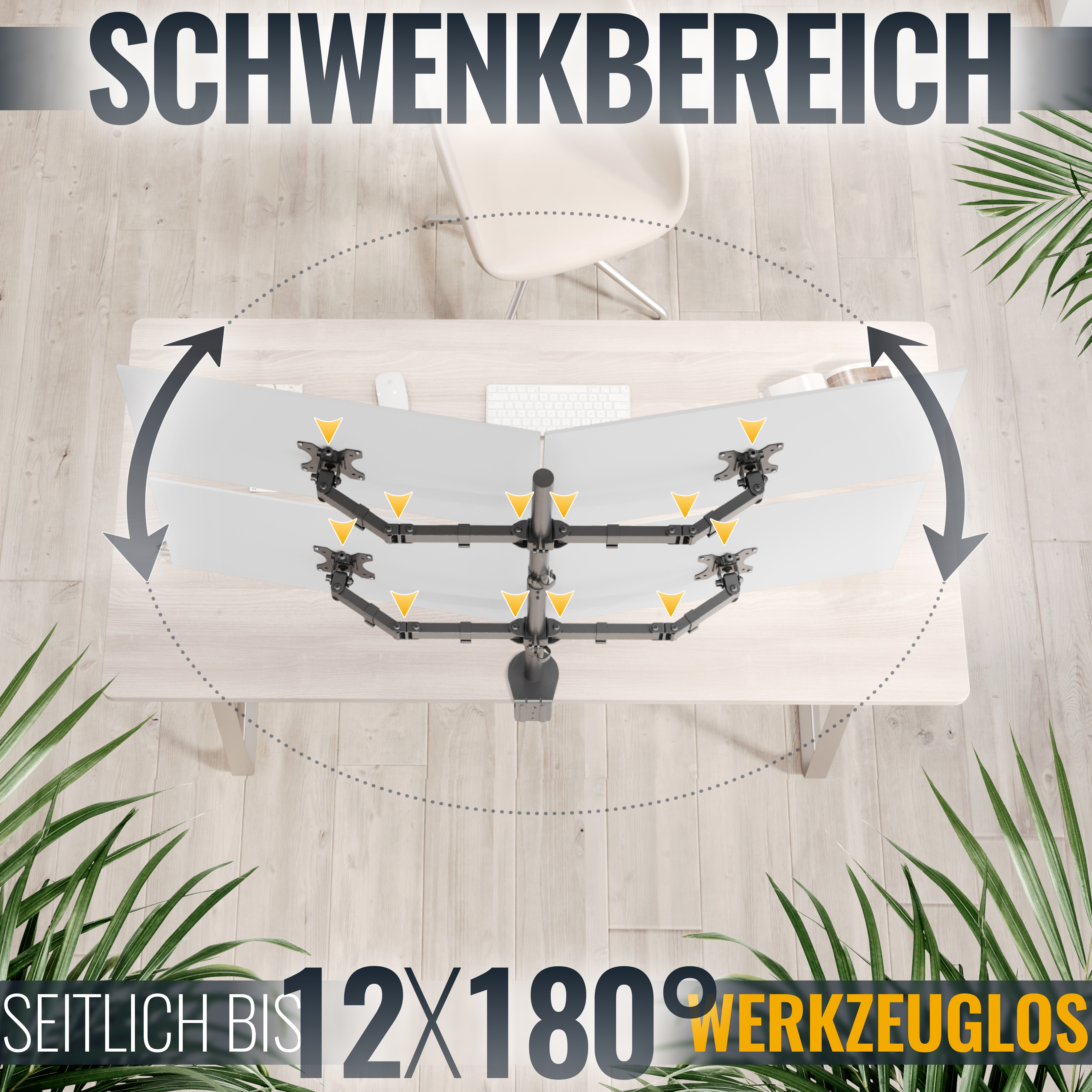 Draufsicht auf einen Schreibtisch mit mehreren Monitoren, die auf einem Multi-Monitor-Arm angeordnet sind, mit Textüberlagerung.