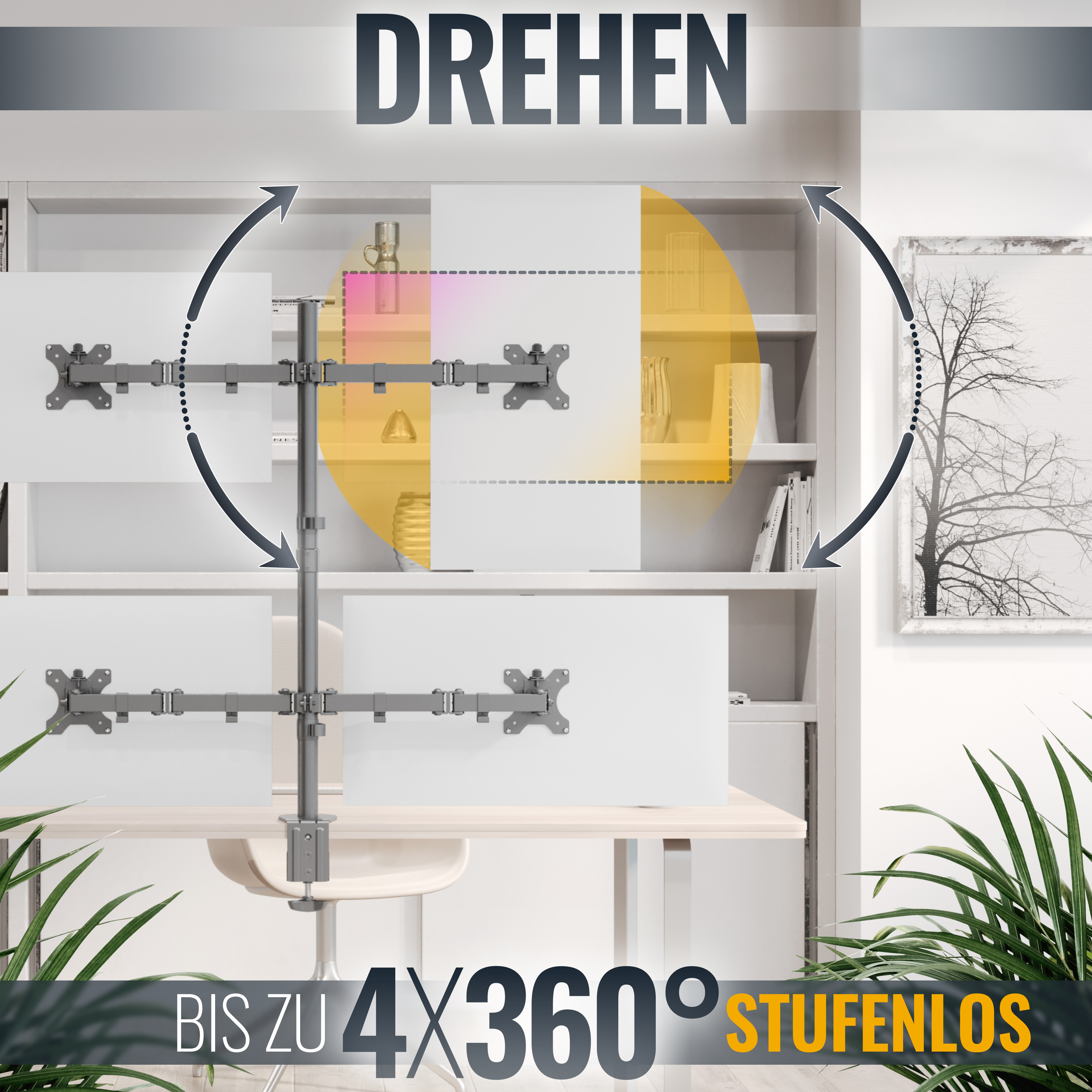 Schreibtischaufbau mit mehreren Monitoren, Armen und einem weißen Schreibtisch. Text: 'DREHEN' und '4X360°'.
