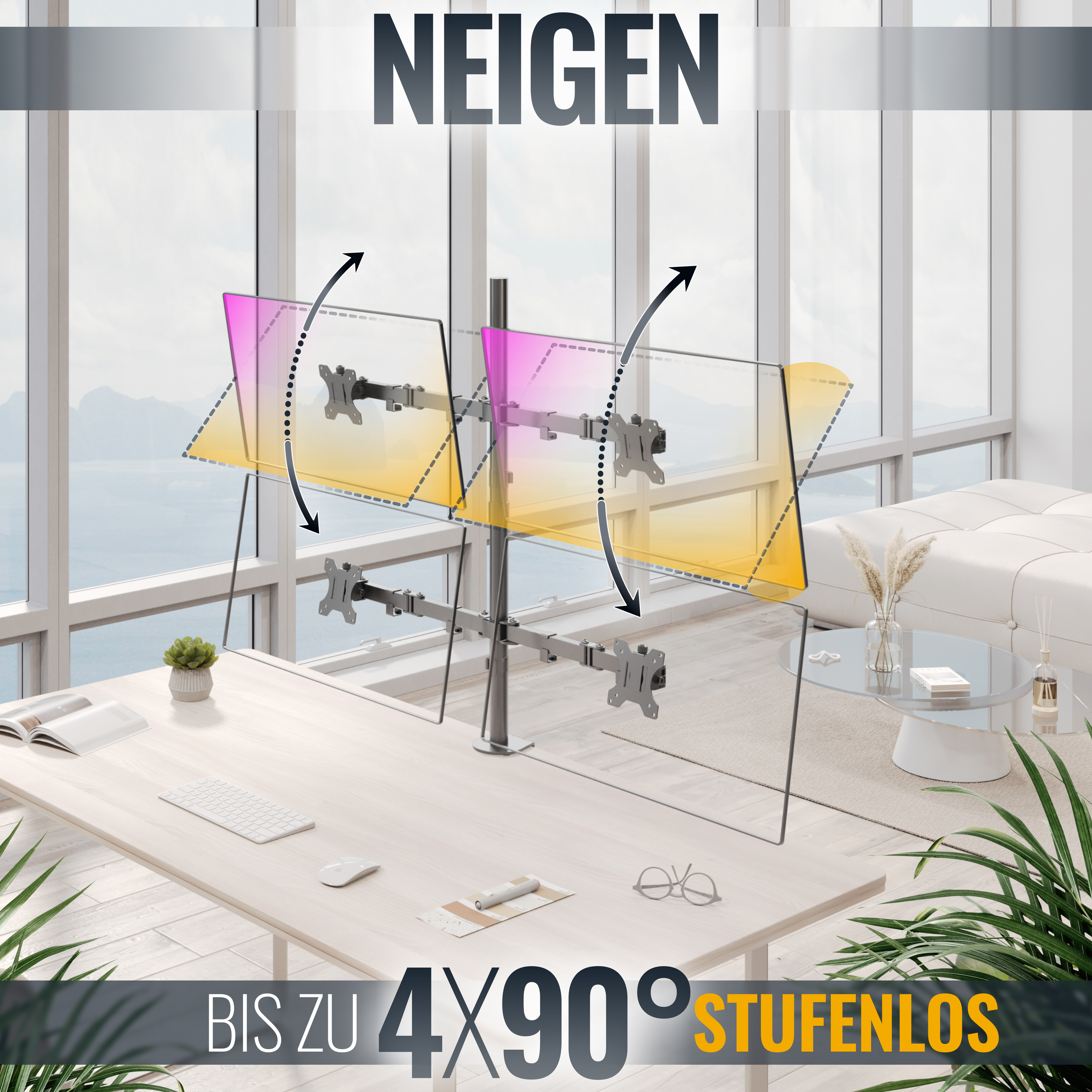 Monitorständer mit zwei Monitoren, die Gelb und Rosa zeigen. Ein Schreibtisch, Brille und Pflanze.