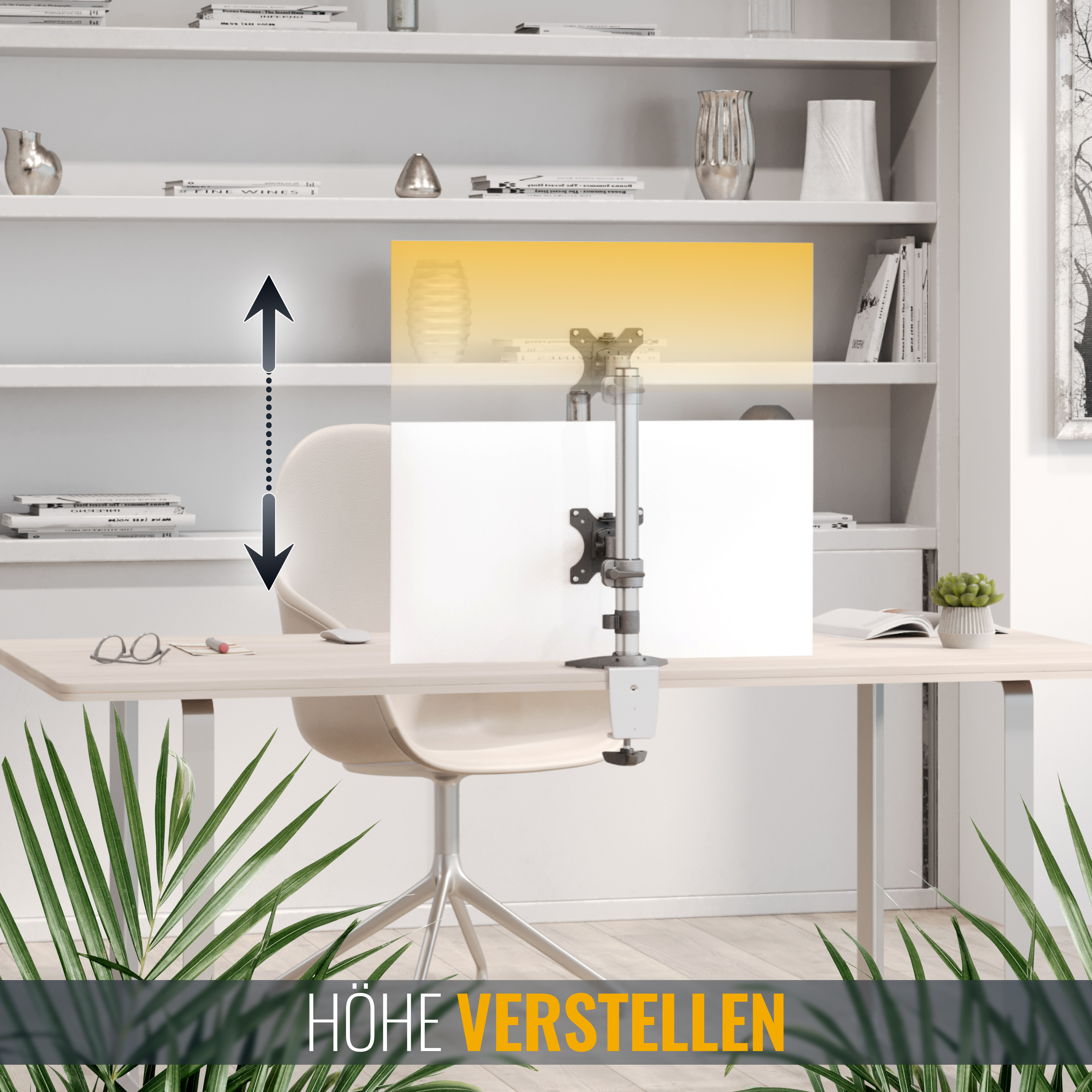 Schreibtisch mit Monitorarm, höhenverstellbar. Text: Höhenverstellung.
