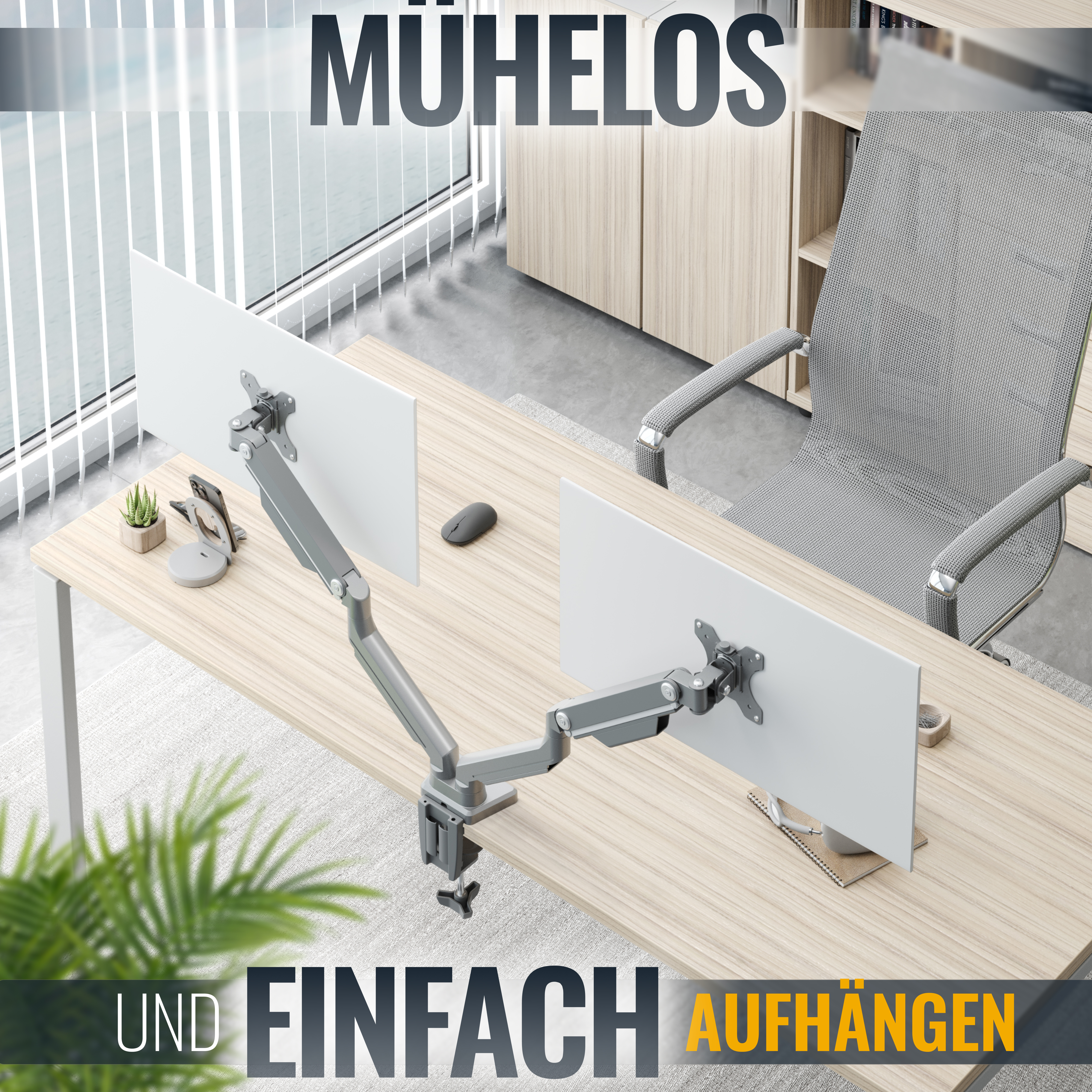 Bürotisch mit zwei Monitoren und einer Armhalterung. Text: 'Mühelos und einfach aufhängen'.