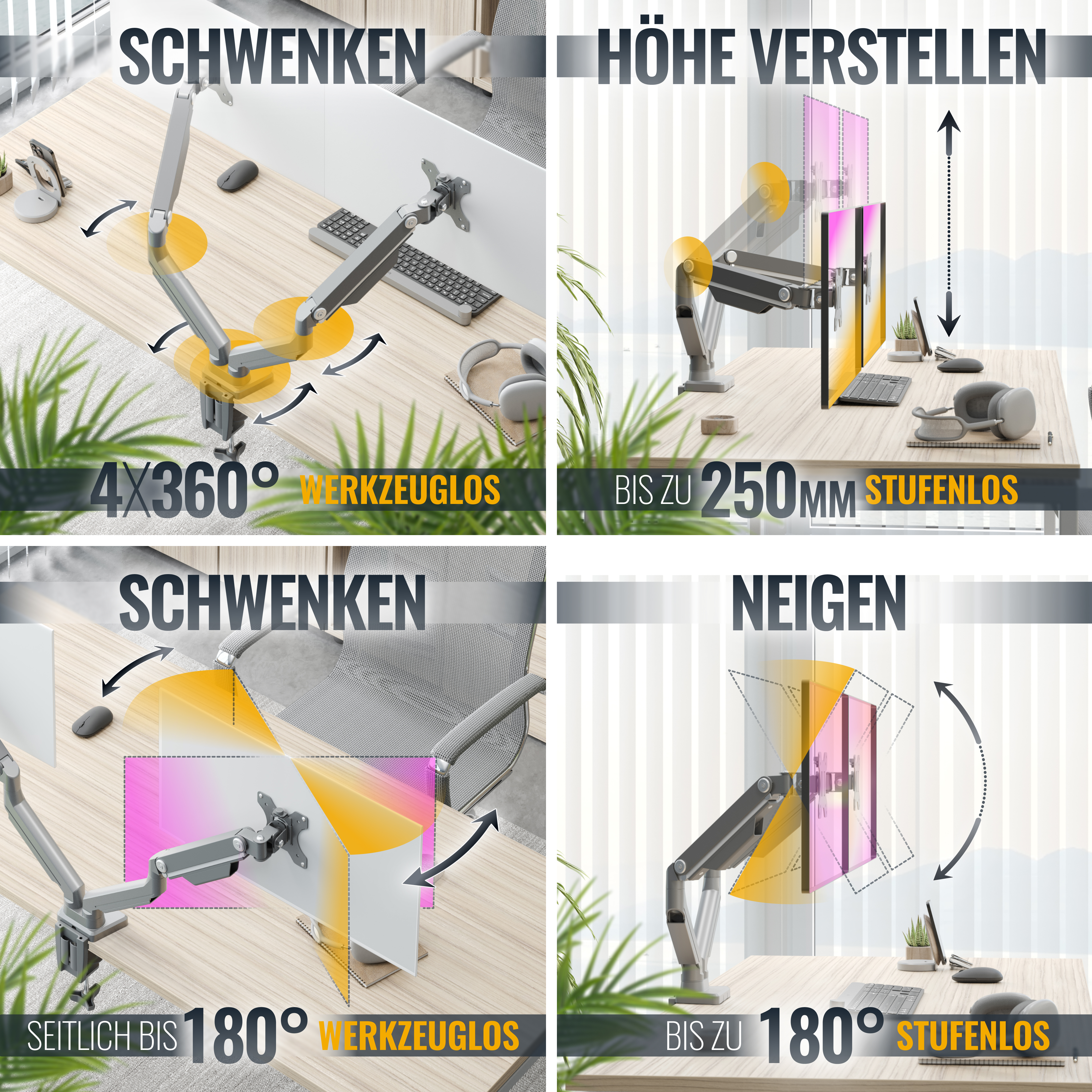 Diagramm, das Schwenk-, Höhenverstell- und Neigeoptionen für Monitorarme zeigt.