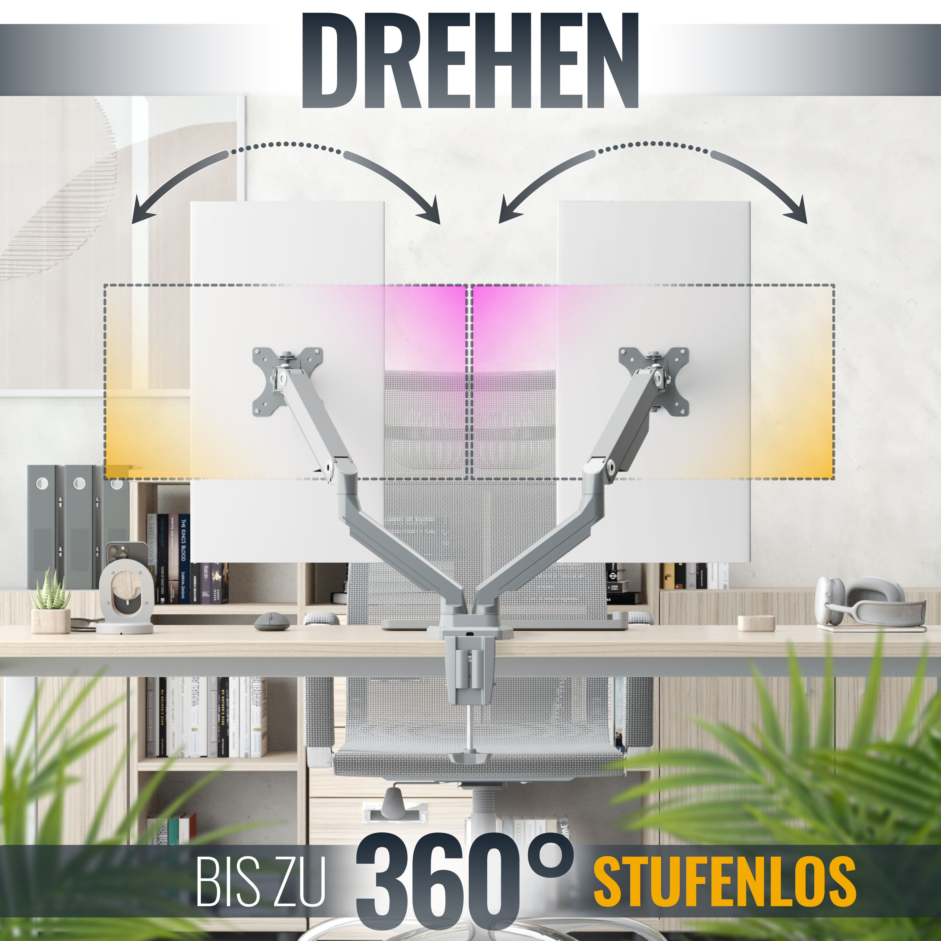 Ein Schreibtisch-Setup mit zwei Monitoren und einem Stuhl. Die Monitore sind zur Seite abgewinkelt.