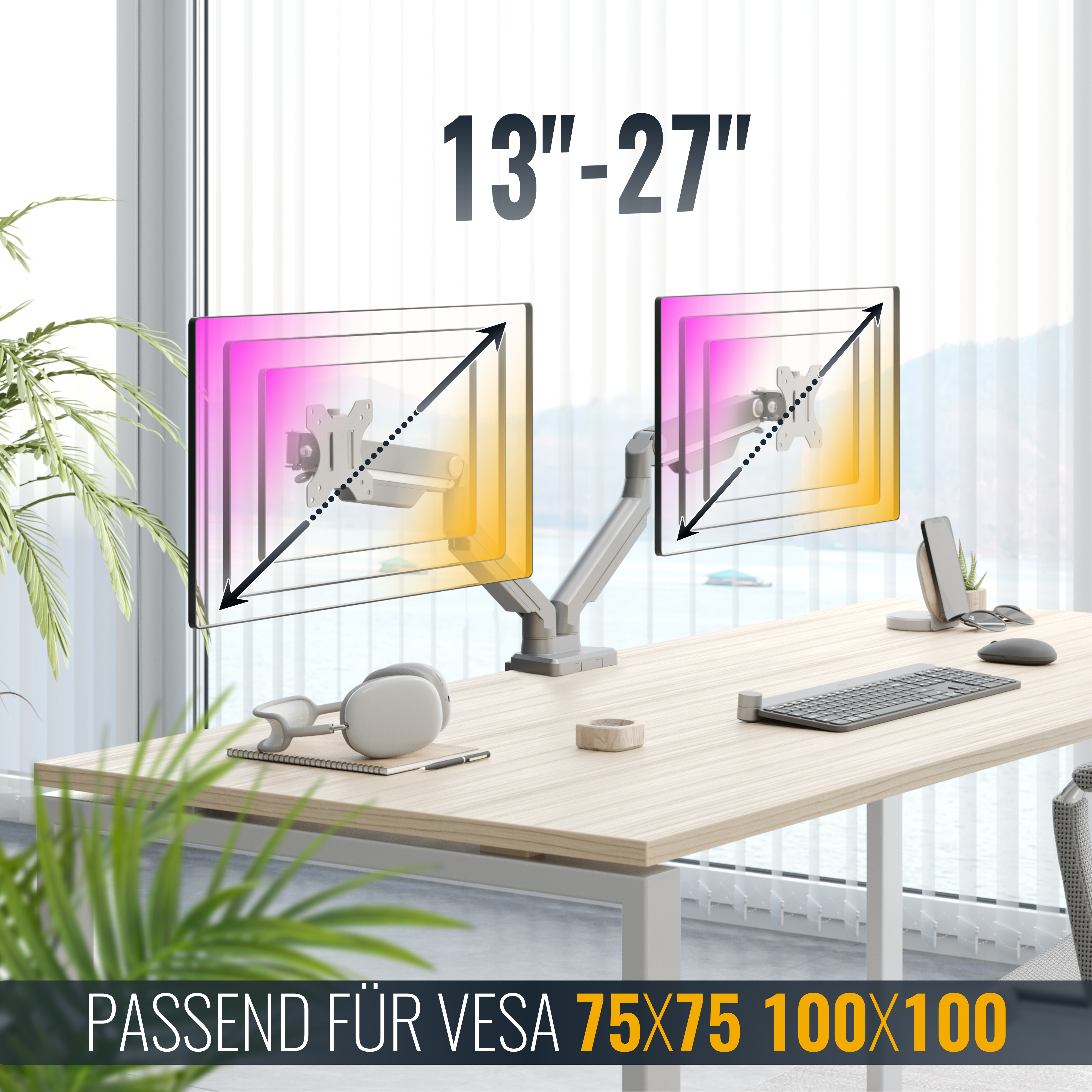 Zwei Computermonitore mit lebendigem Pink- und Gelbverlauf, montiert an einem verstellbaren Arm.