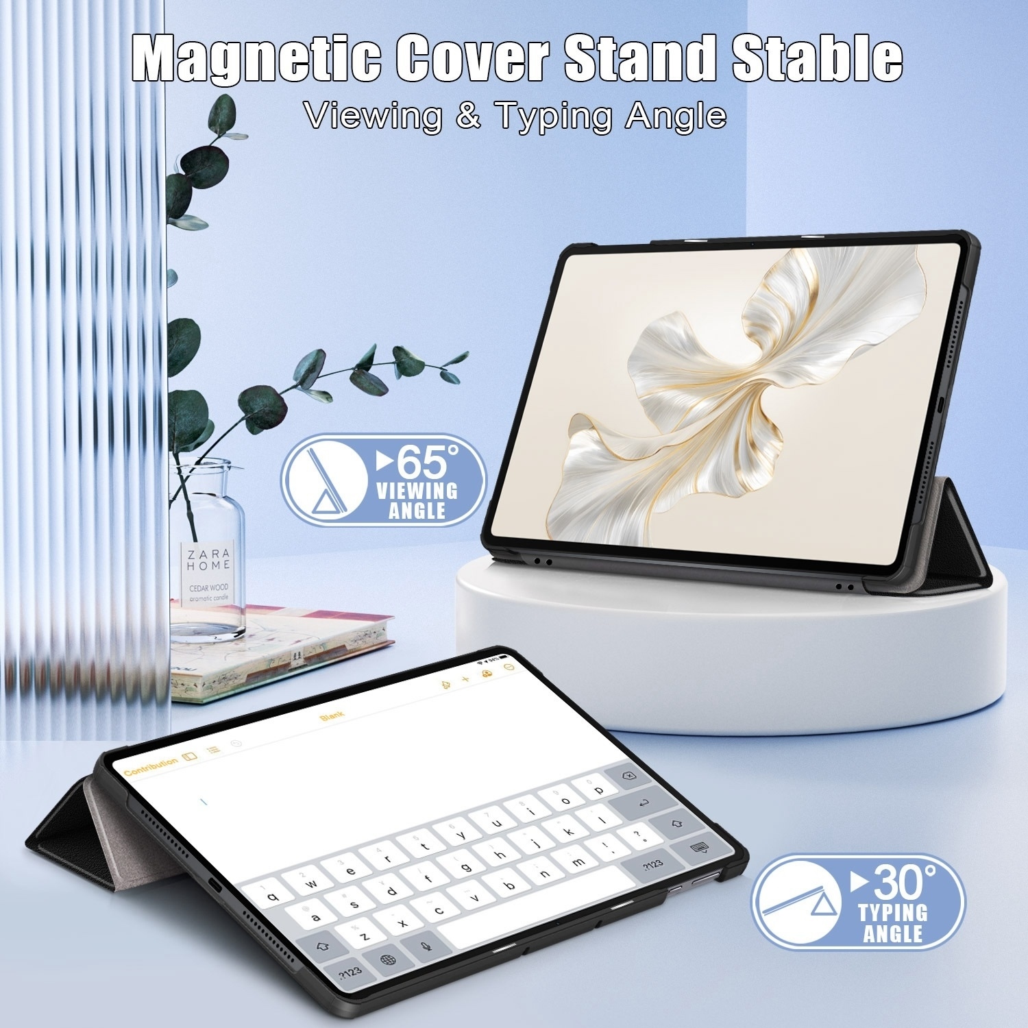Tabletas con fundas, una abierta, otra cerrada, en una plataforma blanca con decoración Zara Home.