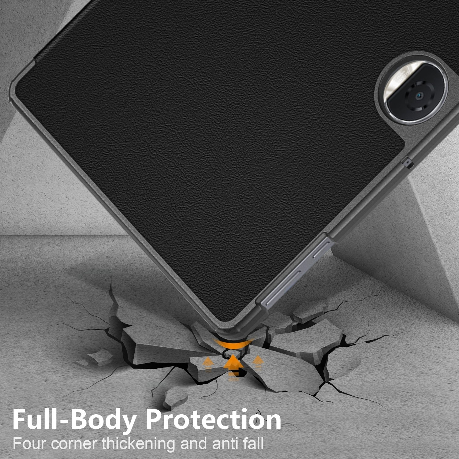 Funda de teléfono en una superficie con grietas. Texto: Full-Body Protection y anticaída.