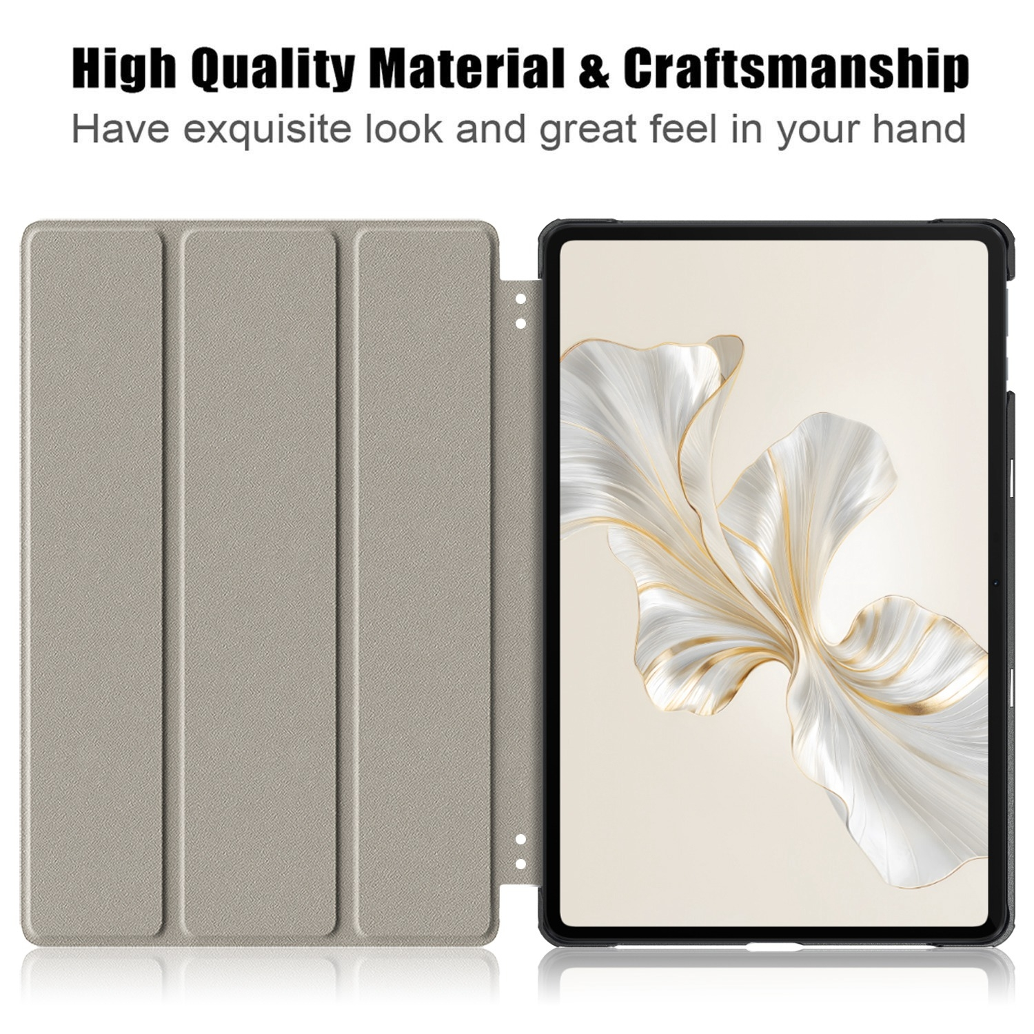 Una funda de tableta abierta con exterior gris claro e interior detallado y artístico.