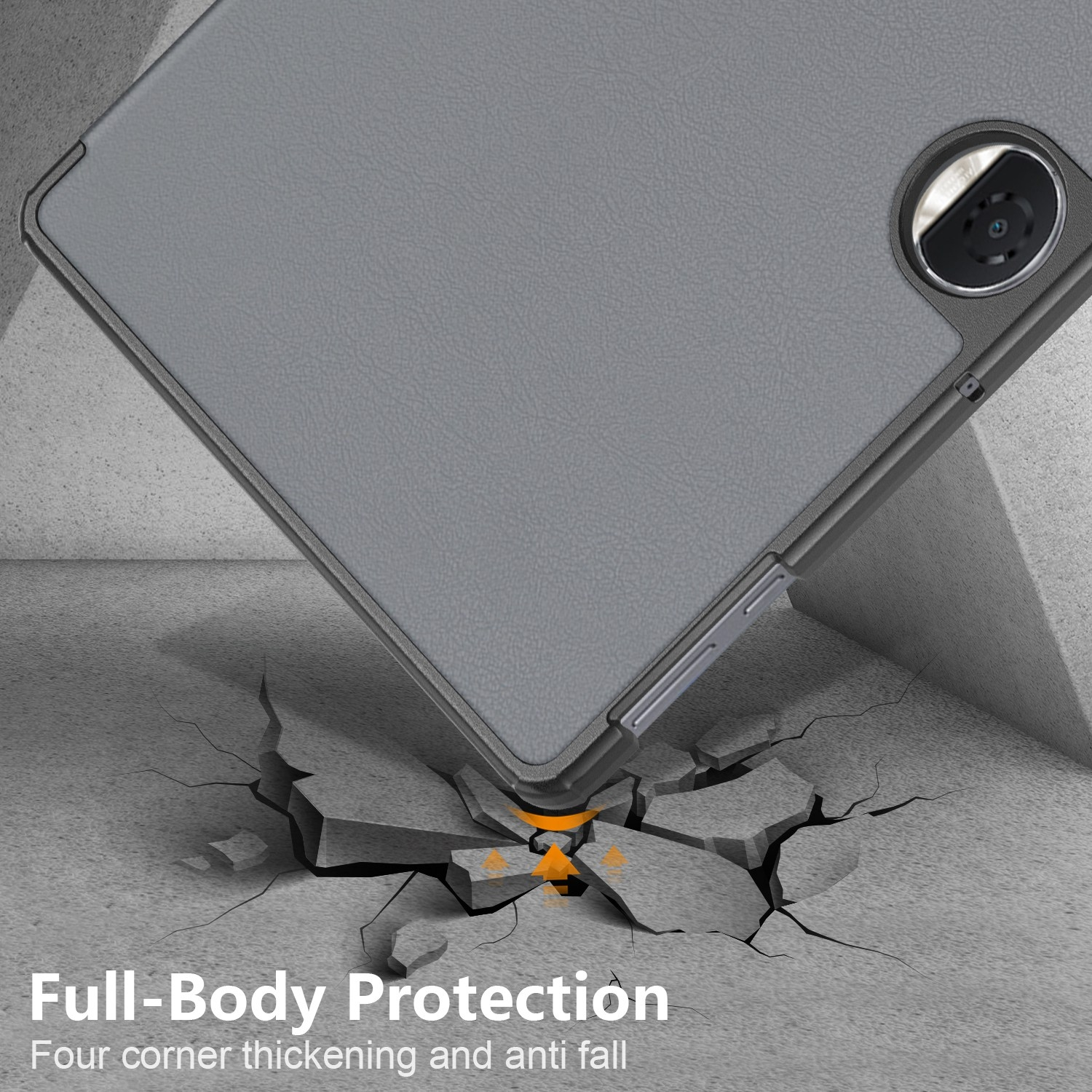 Funda de teléfono cayendo sobre una superficie agrietada. La funda es gris con zona negra para la cámara.