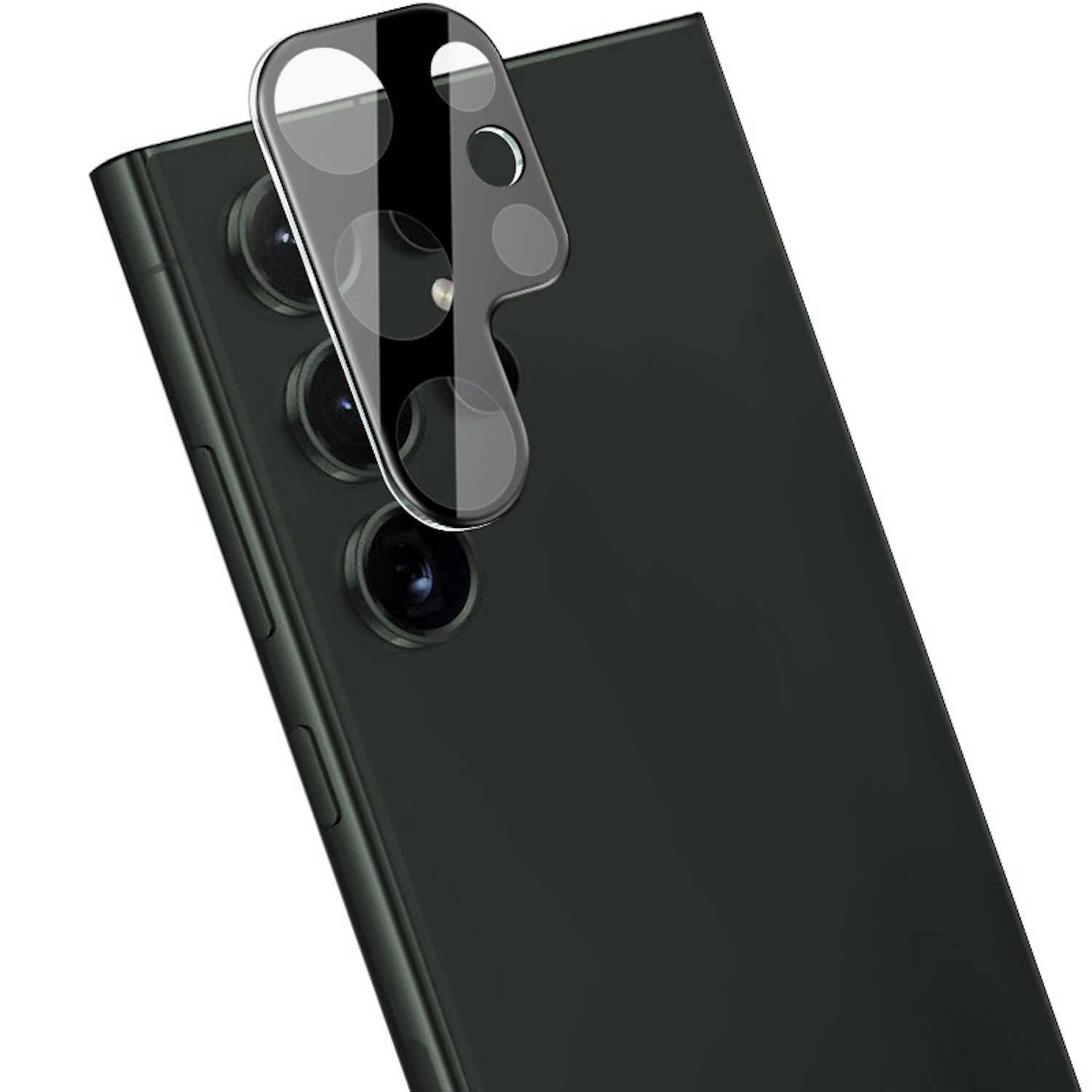 Telefonrückseite mit angebrachtem Kameralinsenschutz. Mehrere Linsen sind sichtbar.