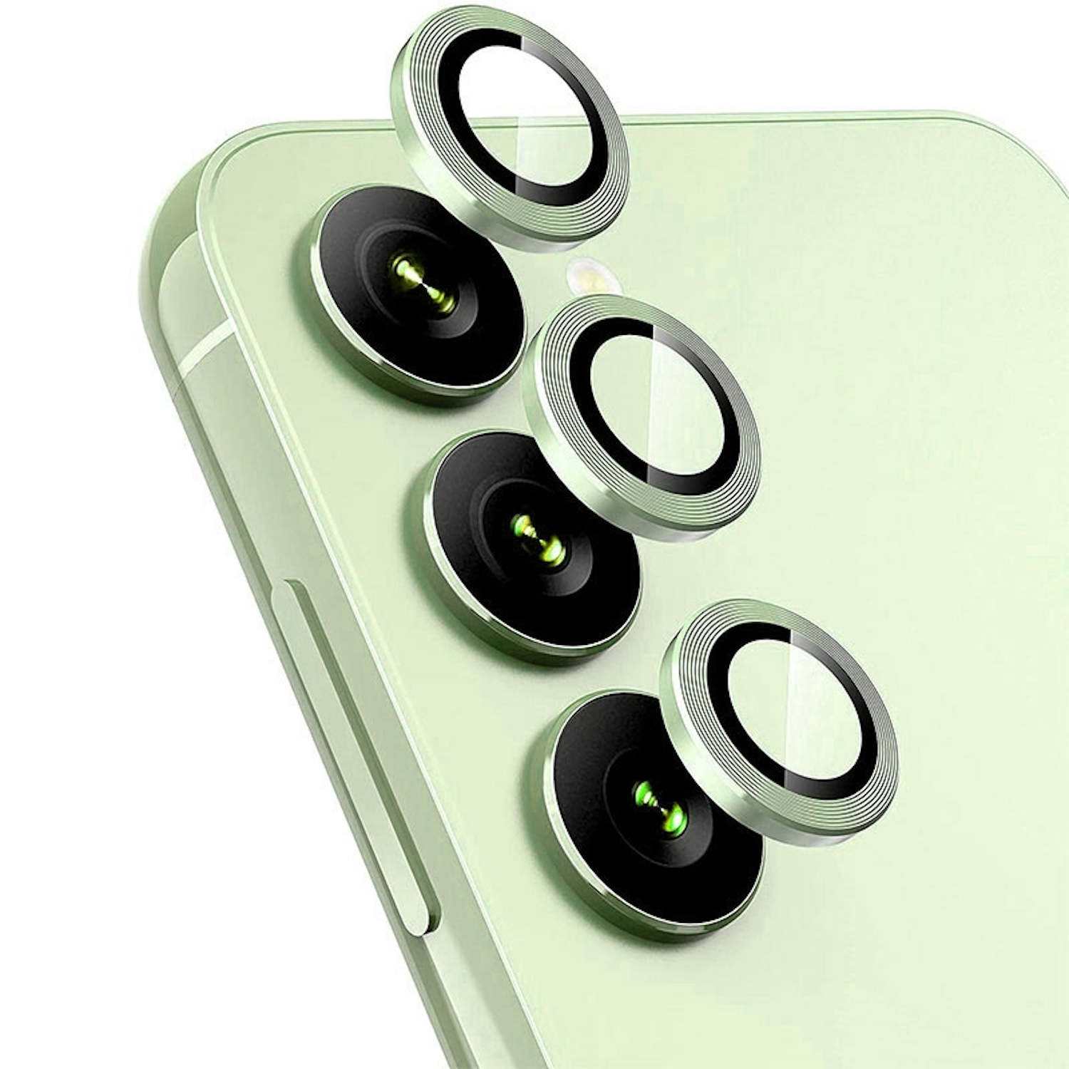 Telefono con lenti, bordi argentati, interni neri. Retro del telefono verde. Protezioni lente sopra.