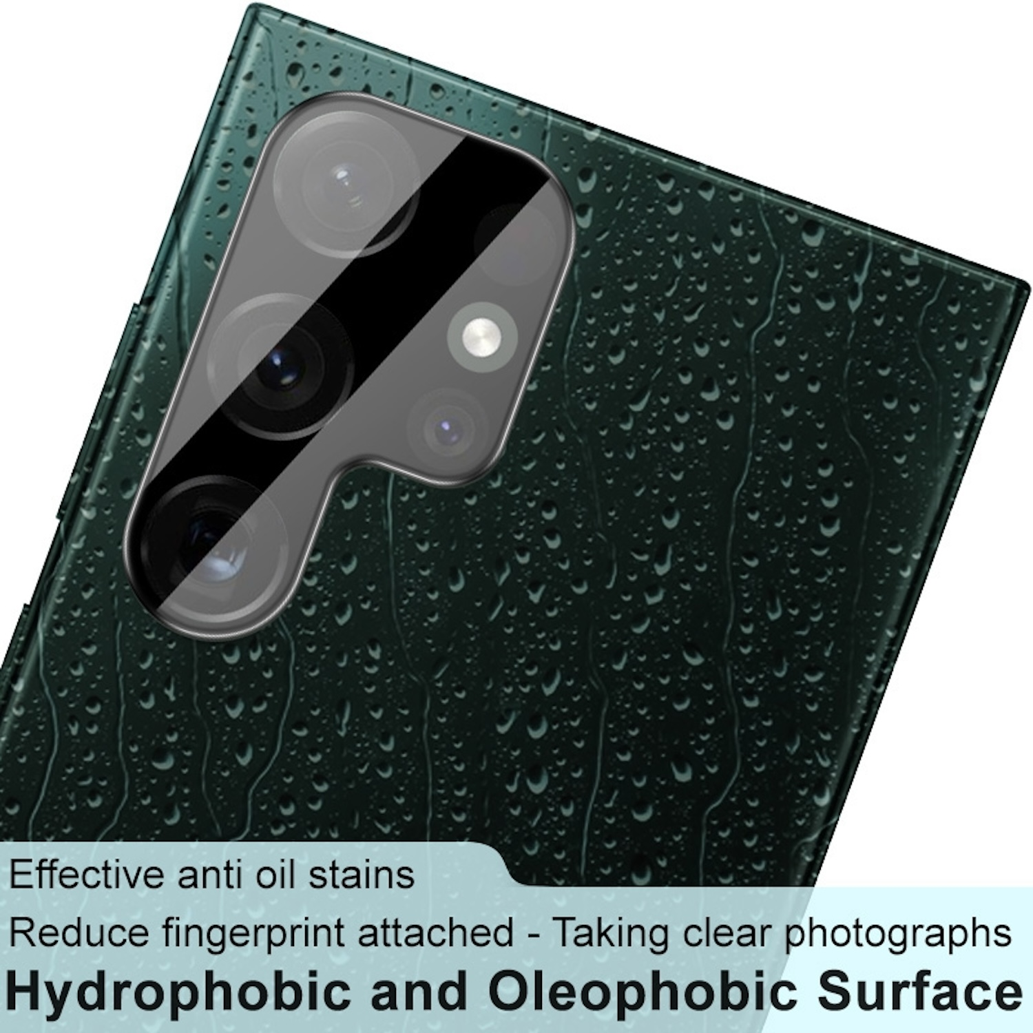 Telefonrückseite mit dunkelgrüner Textur und Wassertropfen. Text: Hydrophobe und oleophobe Oberfläche, Anti-Ölflecken.