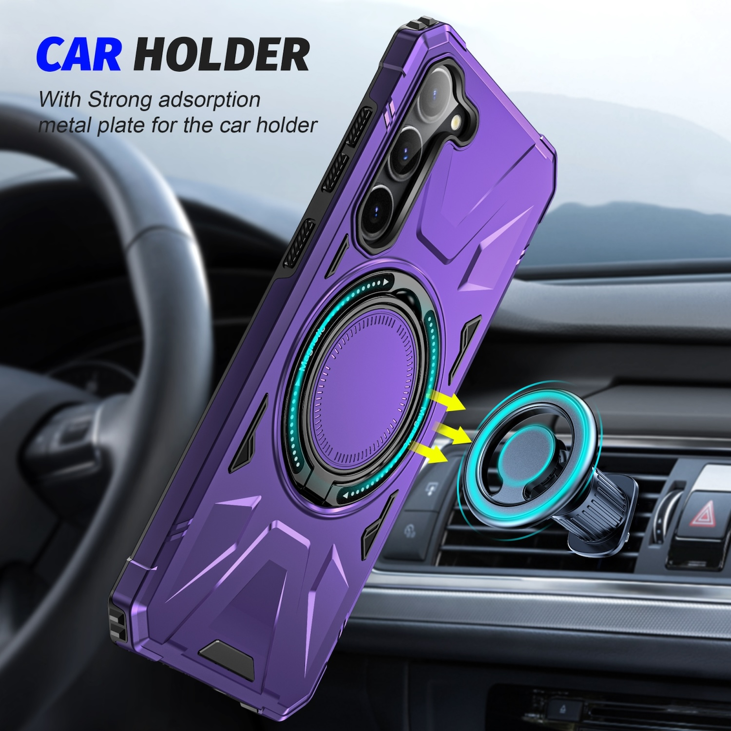 Lila Handyhülle mit Autohalterungsbefestigung in einem Auto. Pfeile zeigen die magnetische Verbindung an.