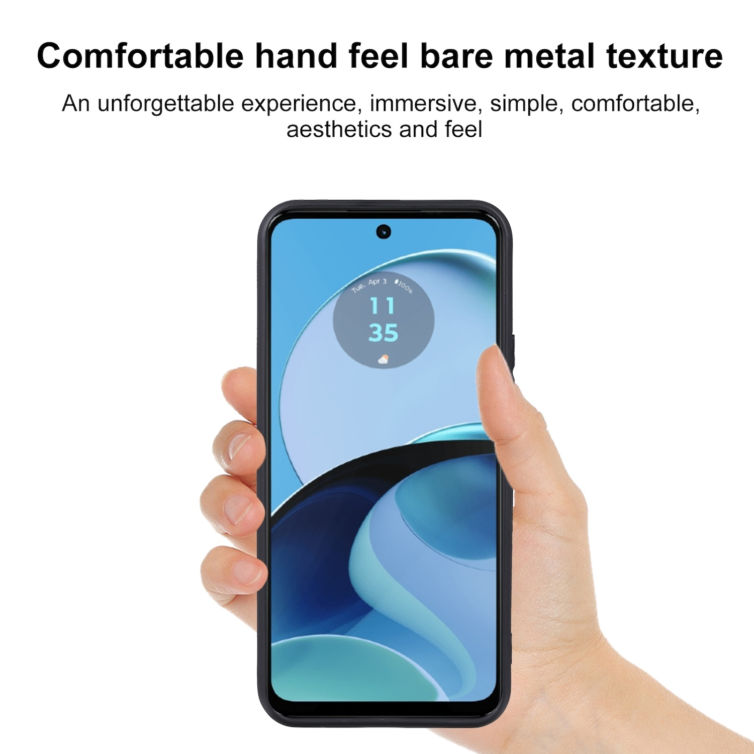 Eine Hand hält ein schwarzes Telefon mit blauem Bildschirm.