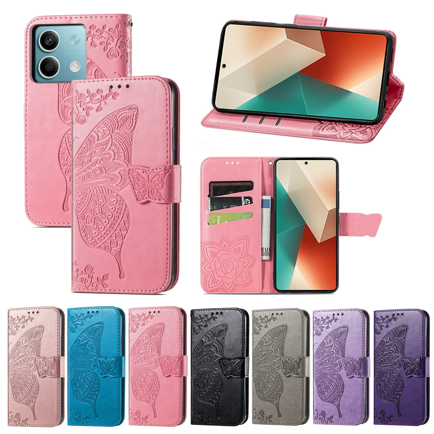 Rosa Handyhülle mit Schmetterlingsdesign, mehreren Farben und Telefonanzeige.