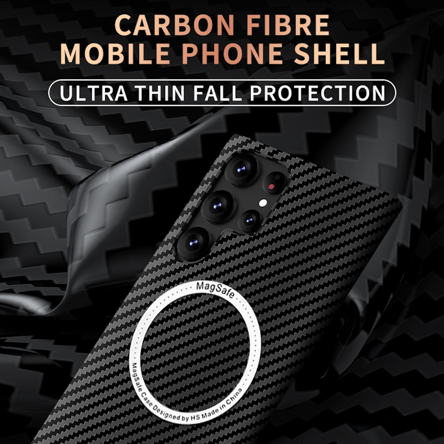 Schwarze Carbonfaser-Handyhülle mit MagSafe-Ring. Der Text lautet Carbon Fibre Mobile Phone Shell.