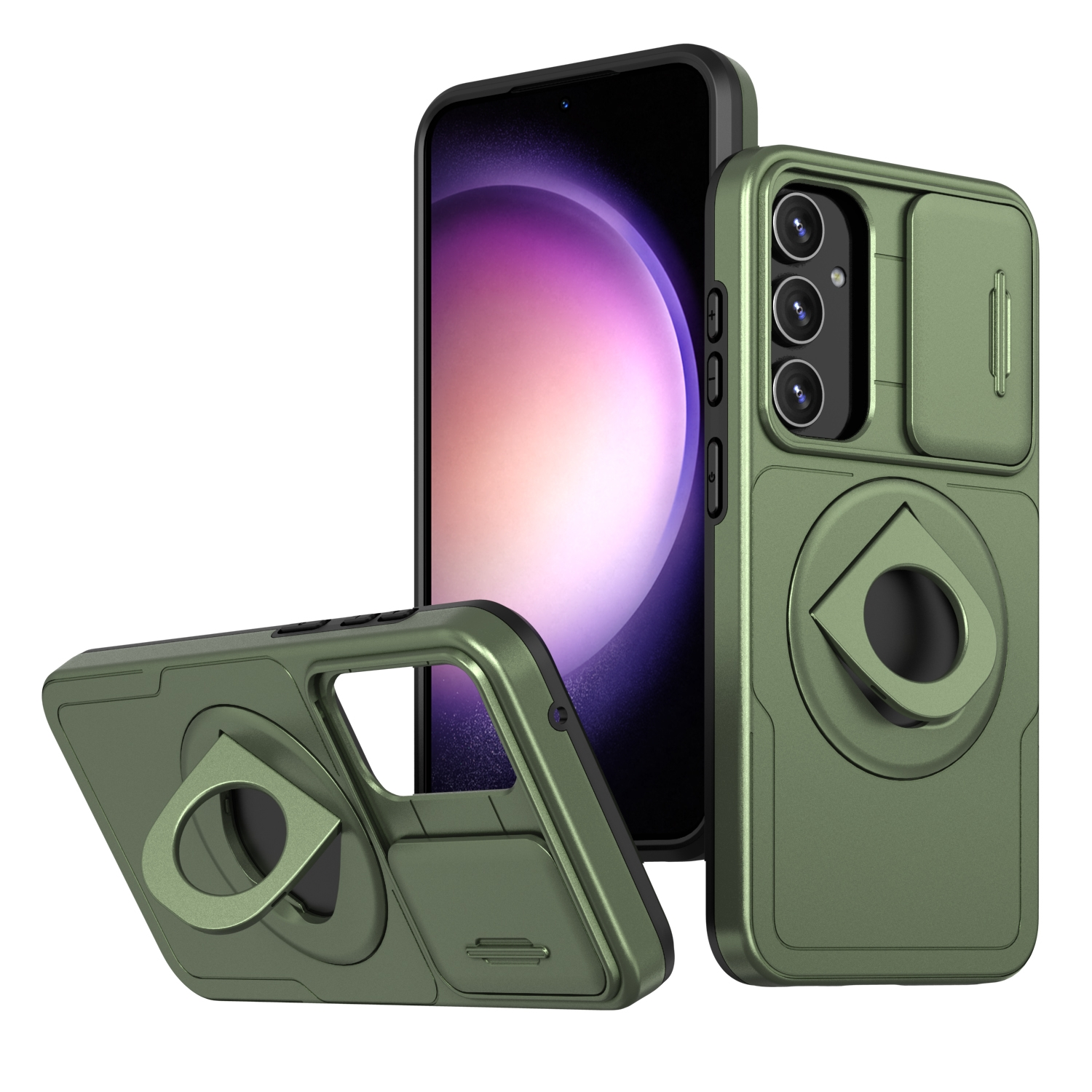 Grüne Handyhülle mit drei Teilen. Telefon in der Hülle. Ringhalter und Abdeckung für die Kamera.