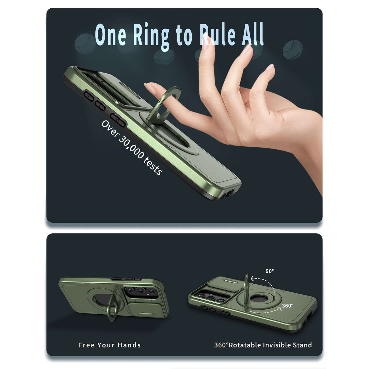 Grüne Handyhülle mit Ringhalter. Das Bild zeigt die Hülle mit offenem und geschlossenem Ring.