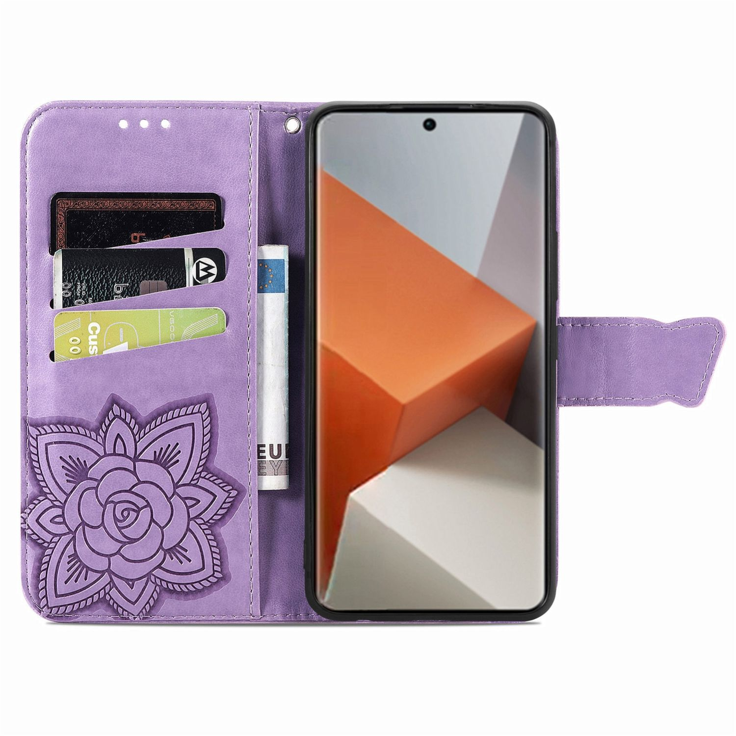 Una funda de teléfono morada estilo cartera. Mostrando el interior con ranuras para tarjetas, dinero y teléfono.