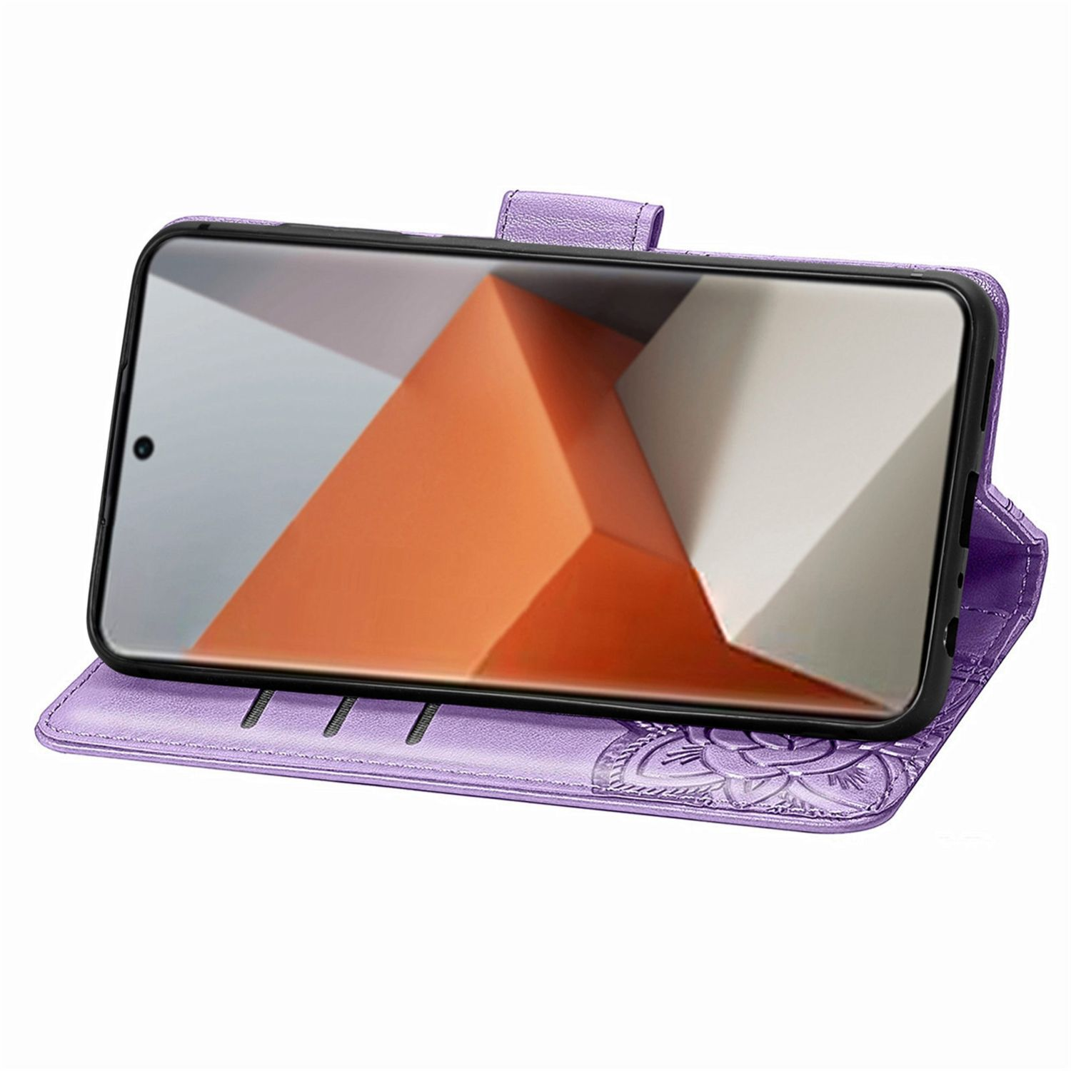 Funda de teléfono morada con un teléfono que muestra un diseño geométrico naranja. La funda está abierta.