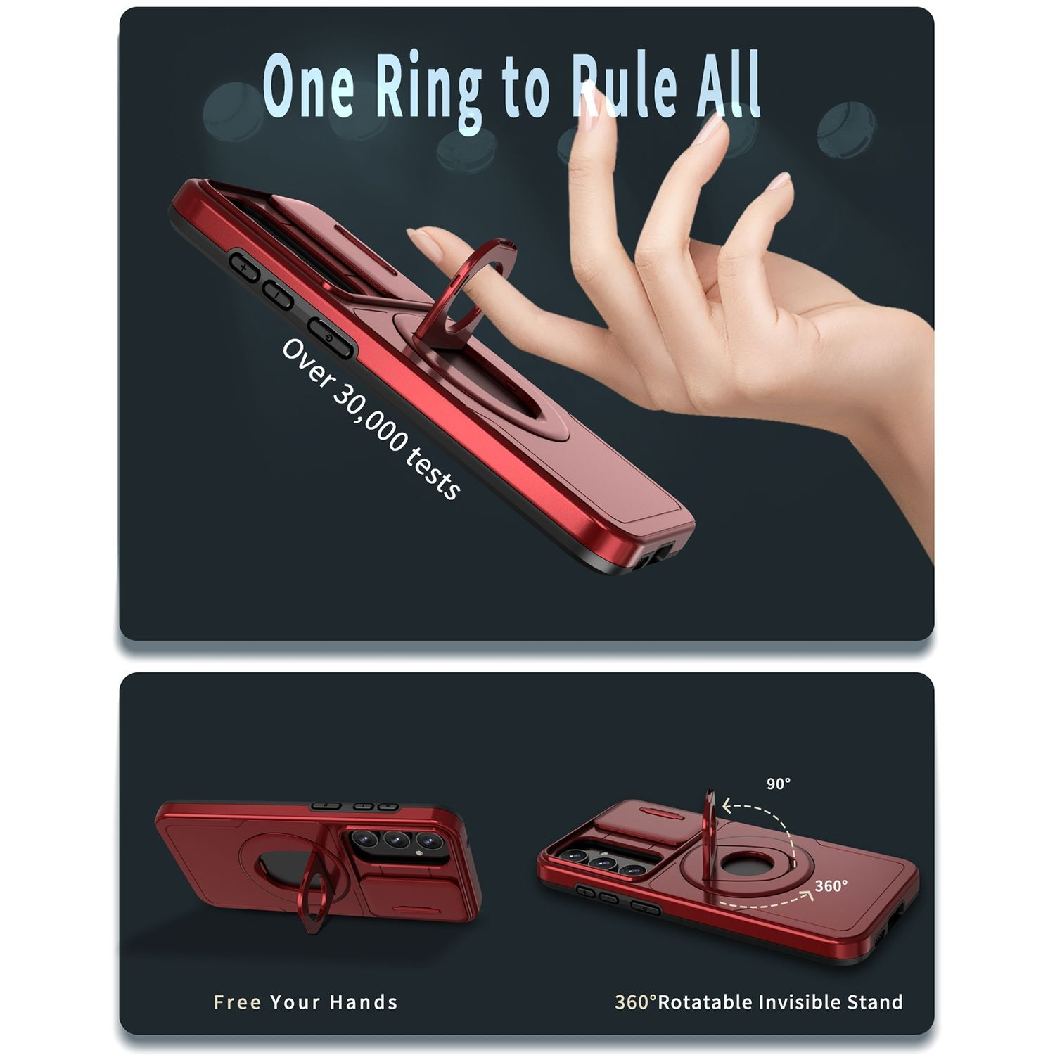 Rote Handyhülle mit Ringständer. Die Hülle wird in verschiedenen Positionen mit Text gezeigt.