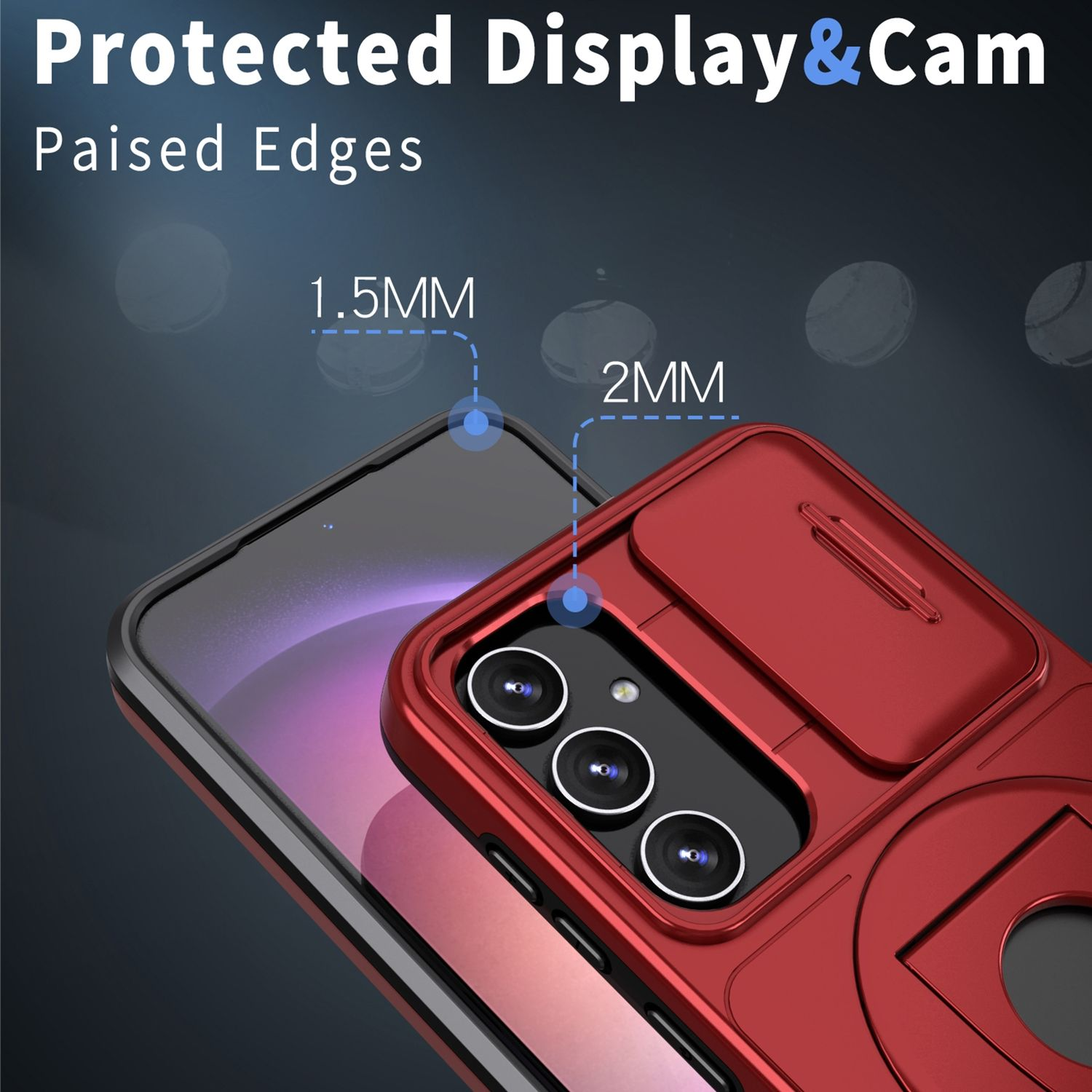 Rote Handyhülle mit Kameraschutz. Erhöhte Kanten, 1,5 mm und 2 mm Details.