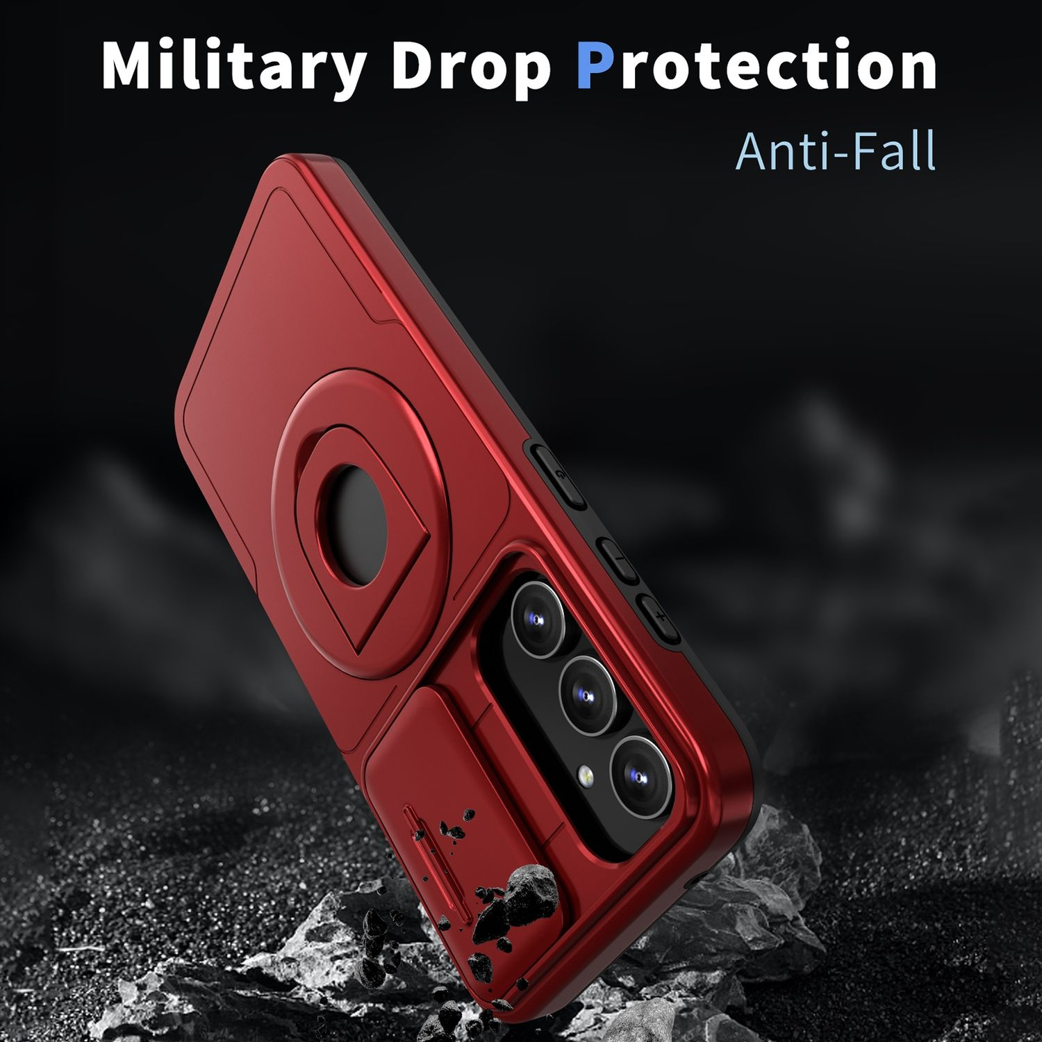 Rote Handyhülle auf felsigem Untergrund. Die Hülle hat einen Ringhalter und bedeckt die Kamera. Text: Military Drop Protection.