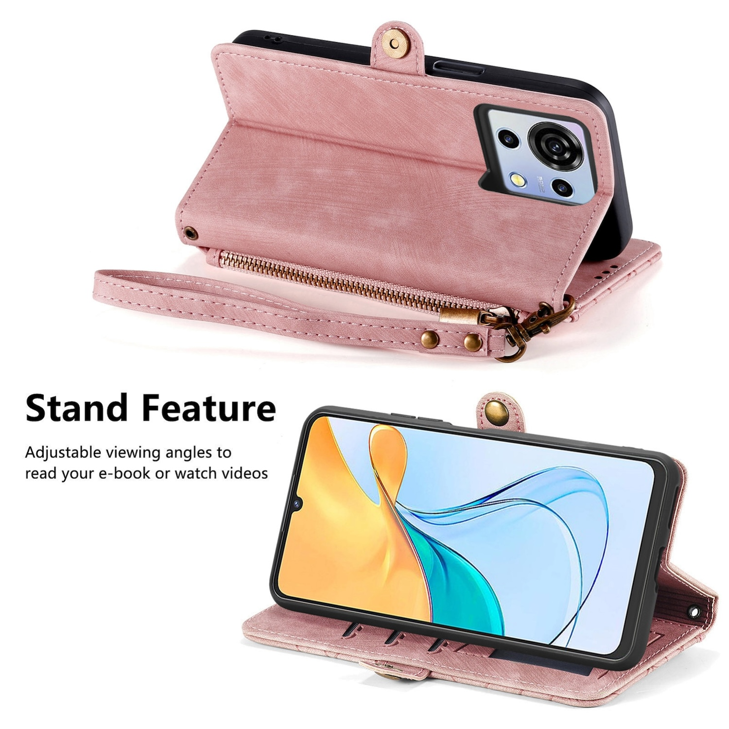 Rosa Handyhülle im Brieftaschenstil, mit einem Telefon darin. Zeigt eine Standfunktion zur Anzeige.