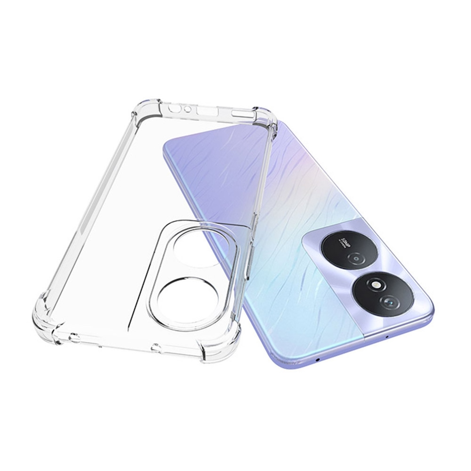 Eine transparente Handyhülle neben einem Telefon. Das Telefon hat eine lavendelfarbene Rückseite.