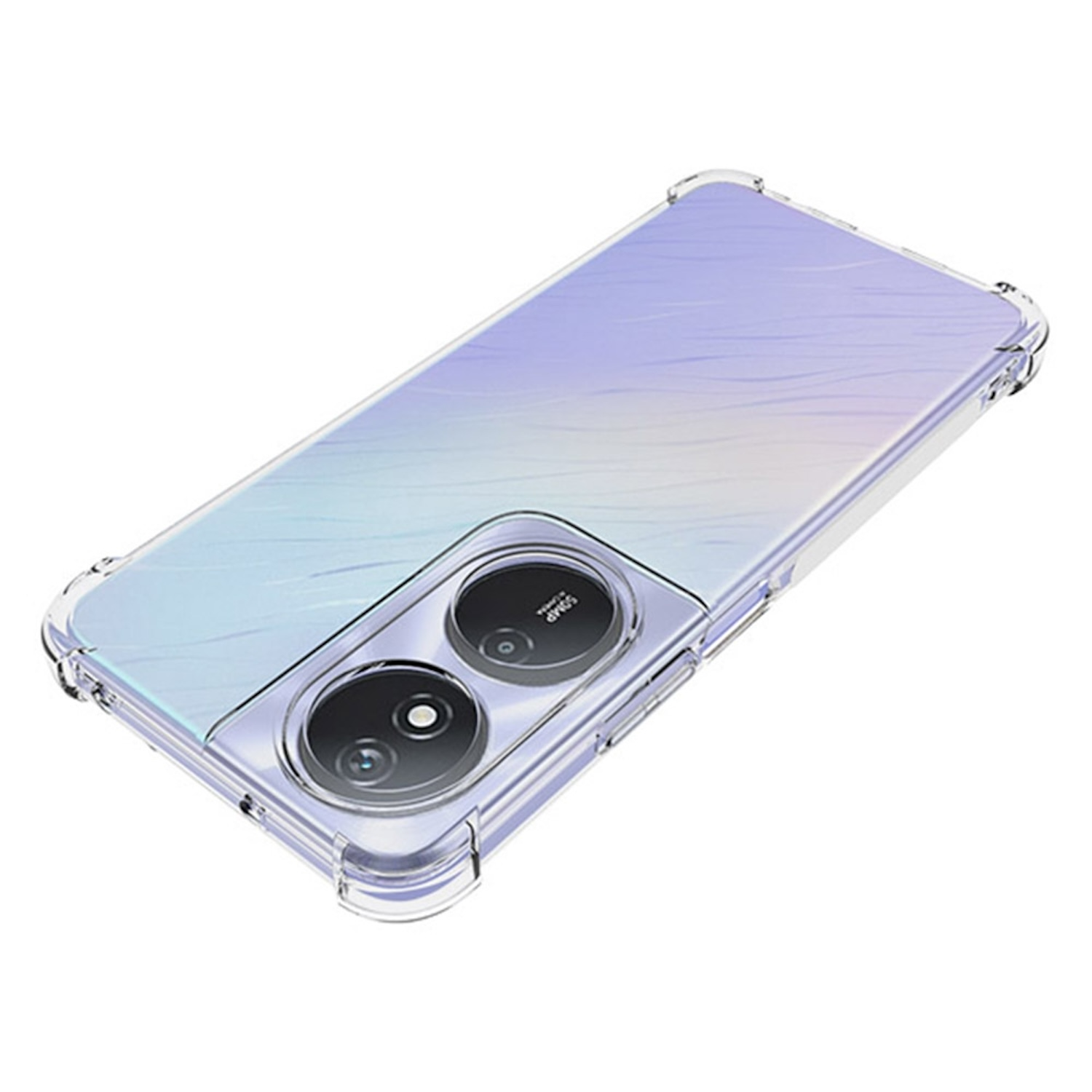 Eine transparente Handyhülle mit einem Telefon darin, abgewinkelt und die Kamera zeigend.