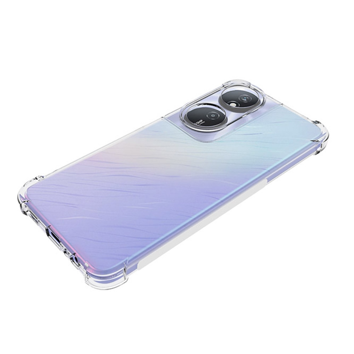 Transparente Handyhülle über einem Telefon. Das Telefon hat zwei Kameras und einen Lavendel-Farbverlauf.