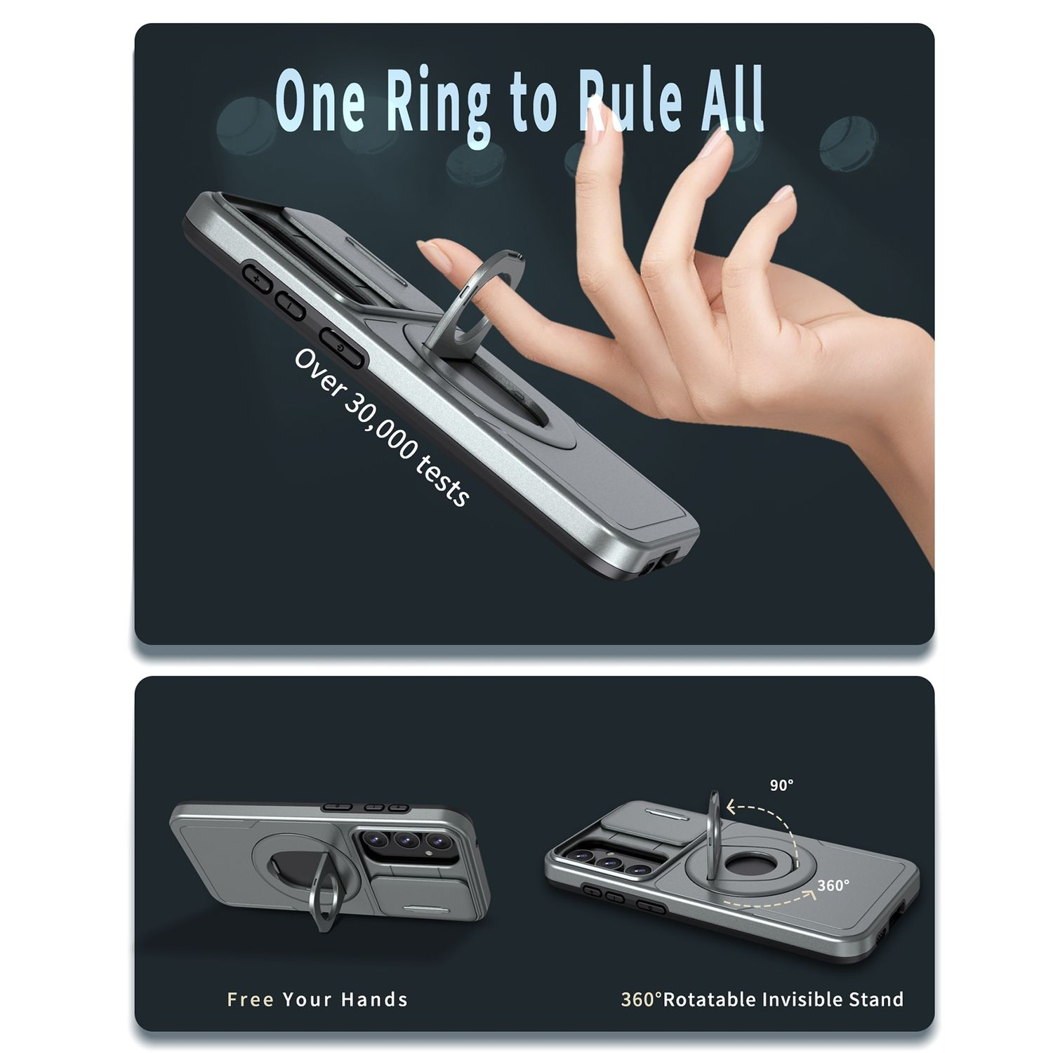 Handyhülle mit Ringständer. Zeigt Telefon in Hülle und Ringfunktionalität.