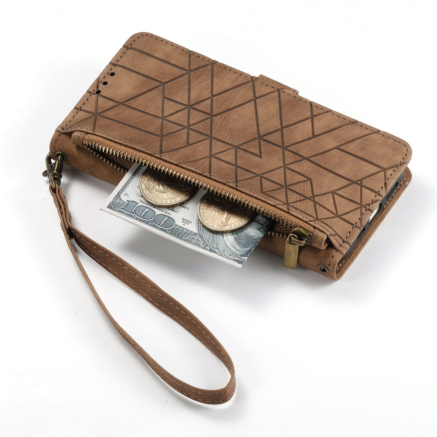 Geöffnete braune Telefonbrieftasche mit Geld darin. Zeigt geometrisches Muster und Reißverschluss.