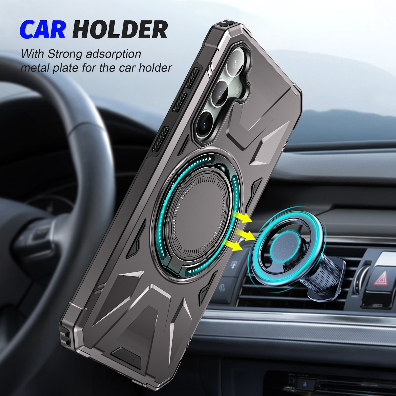 Handyhülle mit Autohalterung. Text: 'Car Holder with Strong adsorption metal plate'.