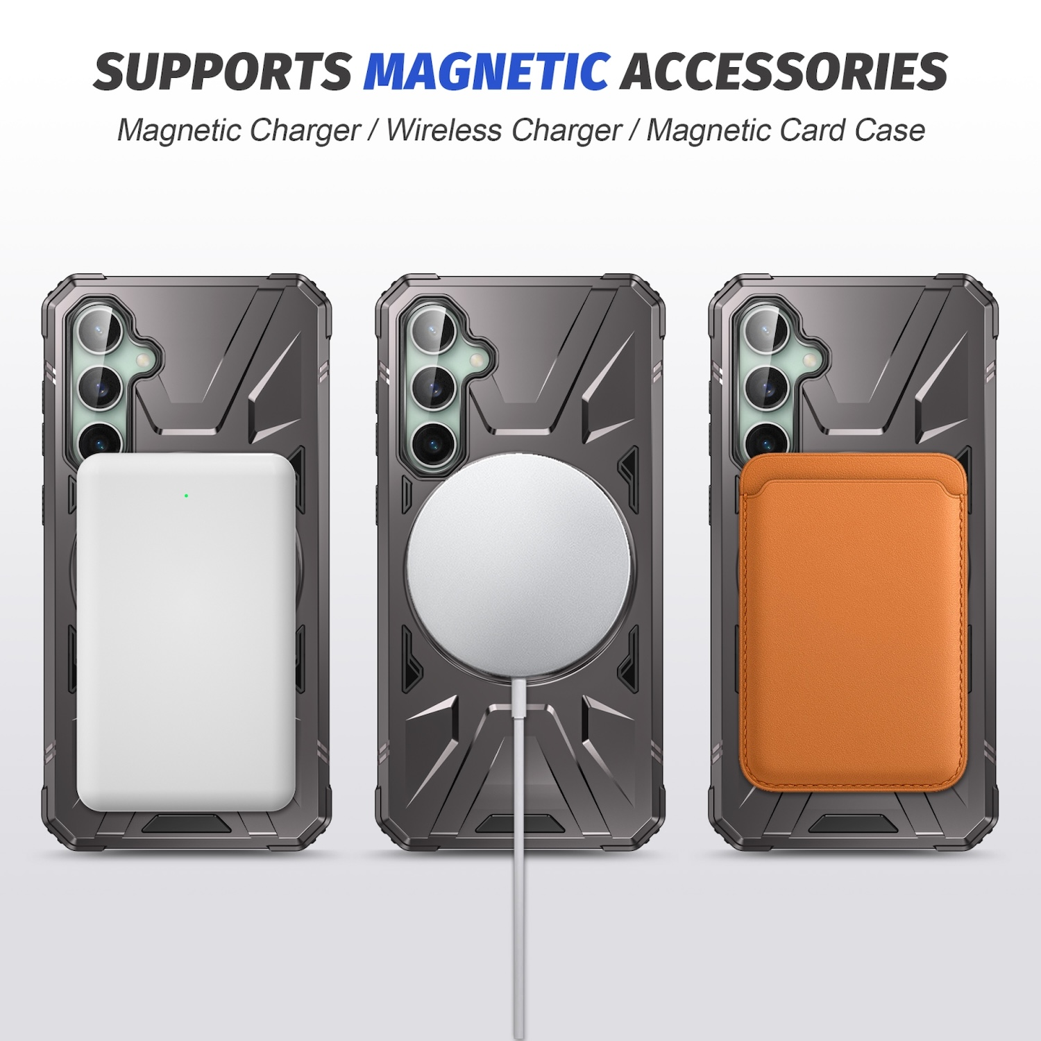 Drei Handyhüllen mit magnetischem Zubehör. Hüllen sind grau mit weißen, silbernen und orangenen Aufsätzen.