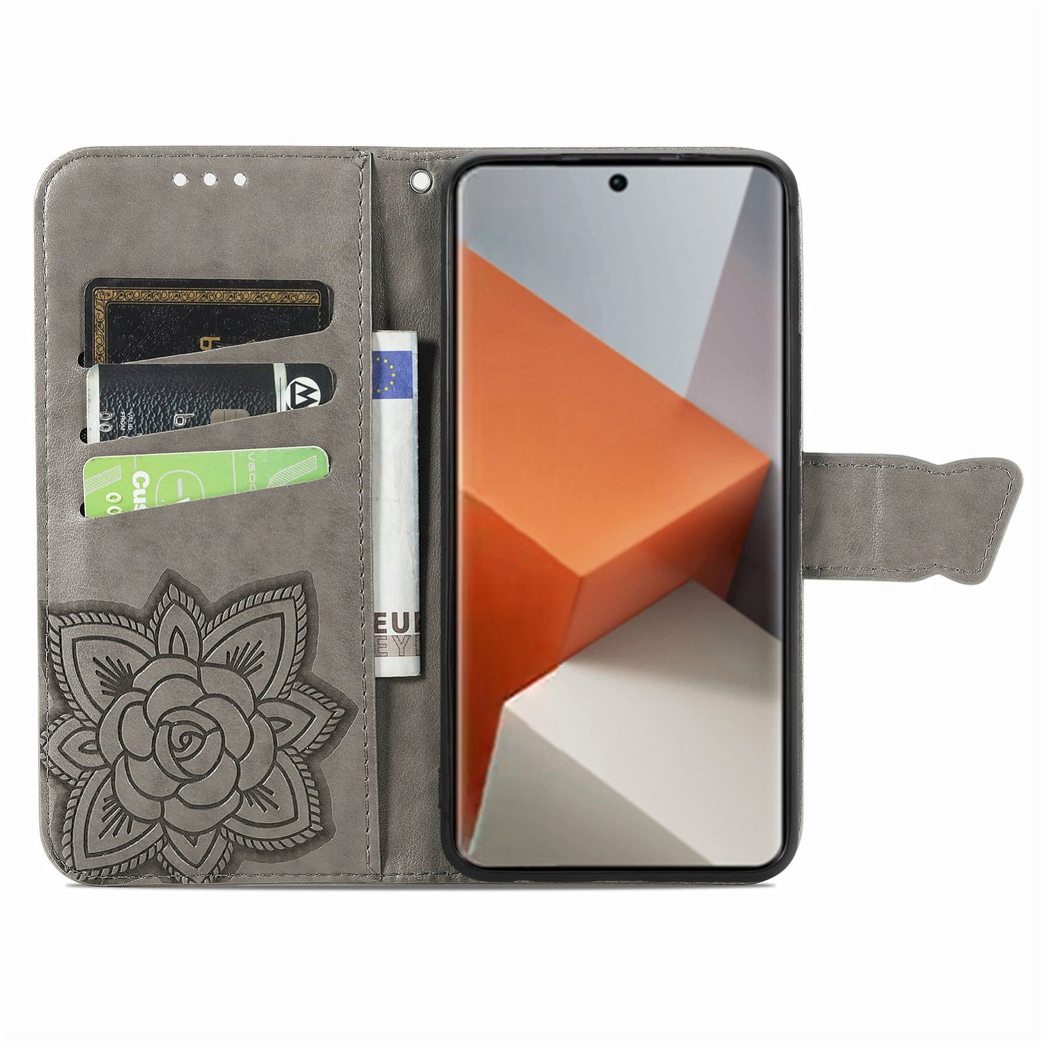 Graue Handyhülle mit Blumendesign, Kreditkarten, Geldscheinen und einem Telefon. Weißer Hintergrund.