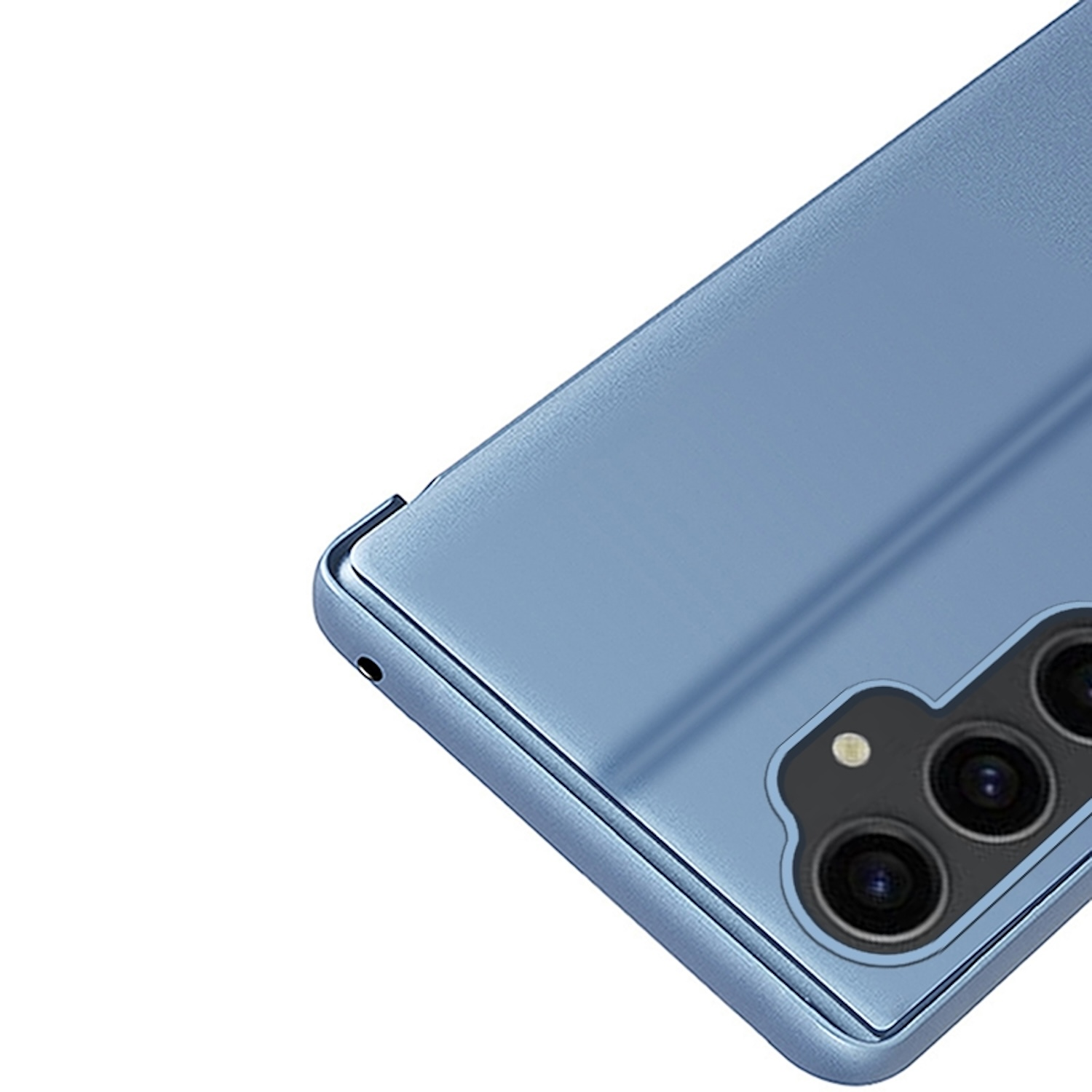Funda de teléfono azul con un módulo de cámara sobre un fondo blanco.