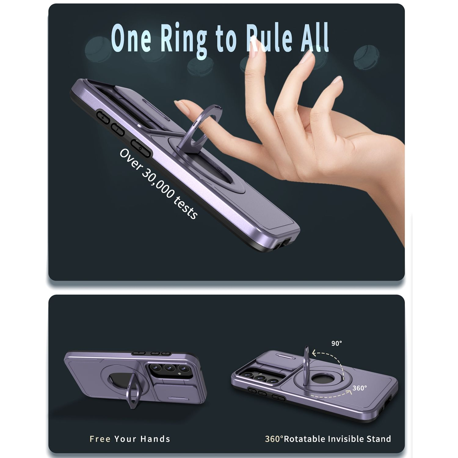 Lila Handyhülle mit Ringständer, Text 'One Ring to Rule All', 360° Drehung.