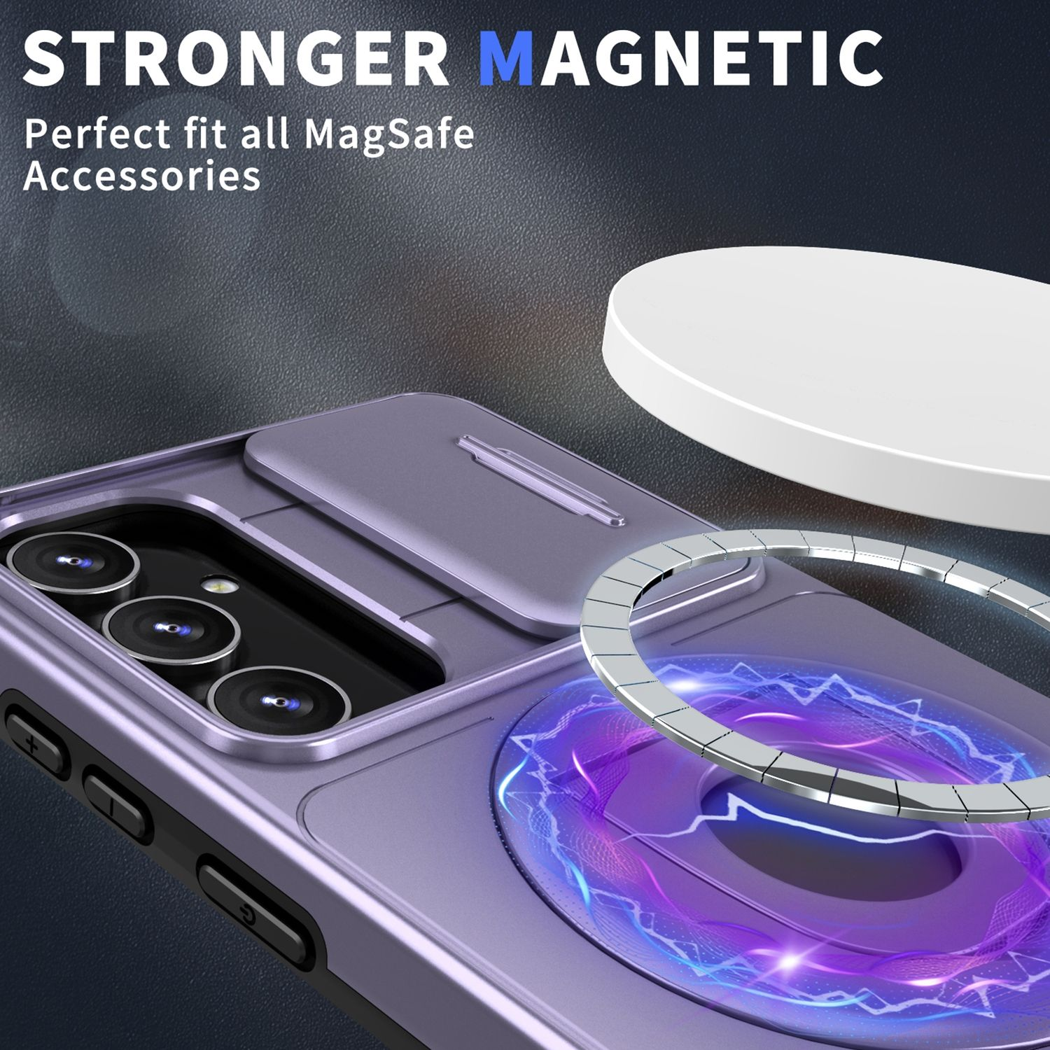 Lila Handyhülle mit weißem, kreisförmigem MagSafe-Zubehör. Text: STRONGER MAGNETIC.