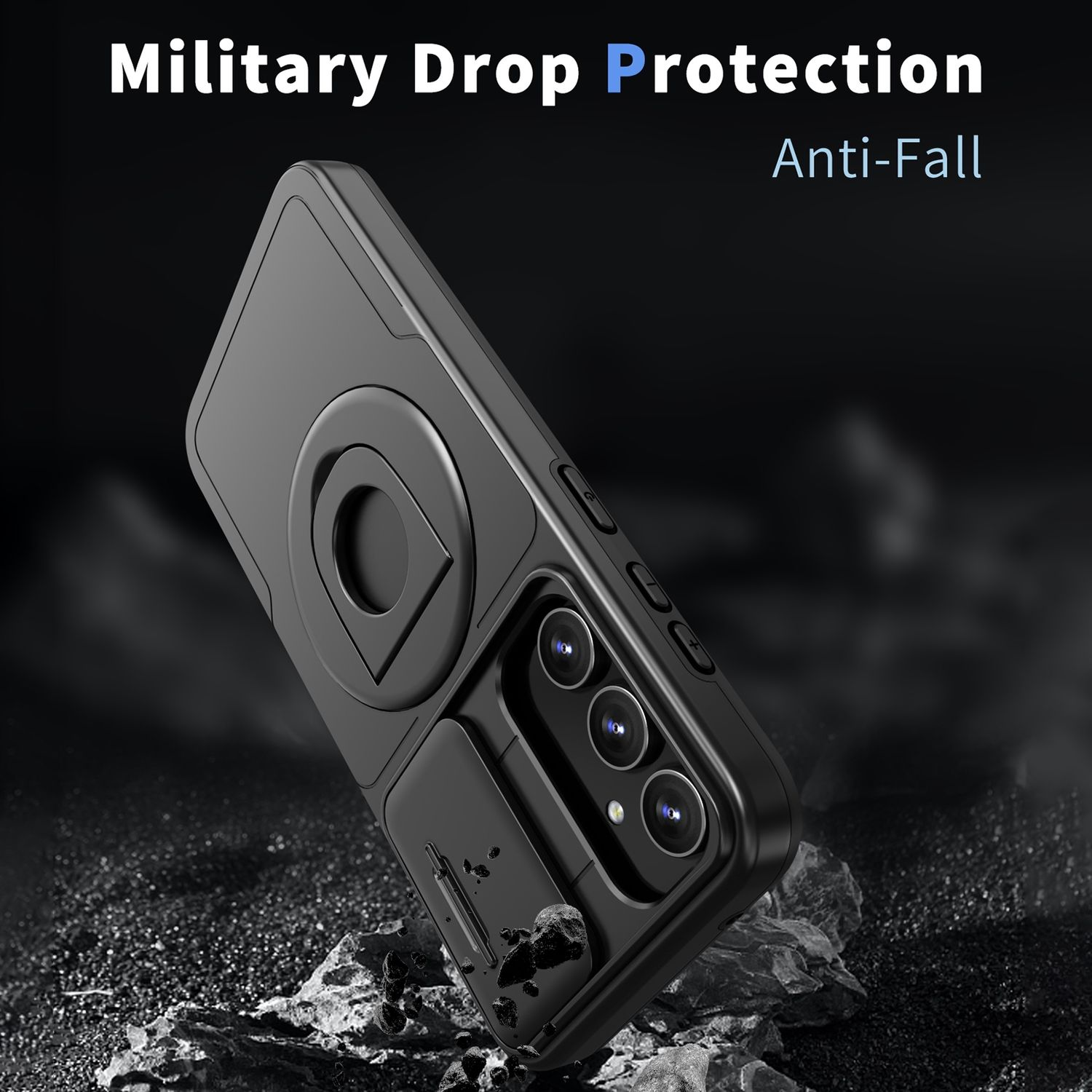 Schwarze Handyhülle mit Schutzdesign. Text 'Military Drop Protection' und 'Anti-Fall'.