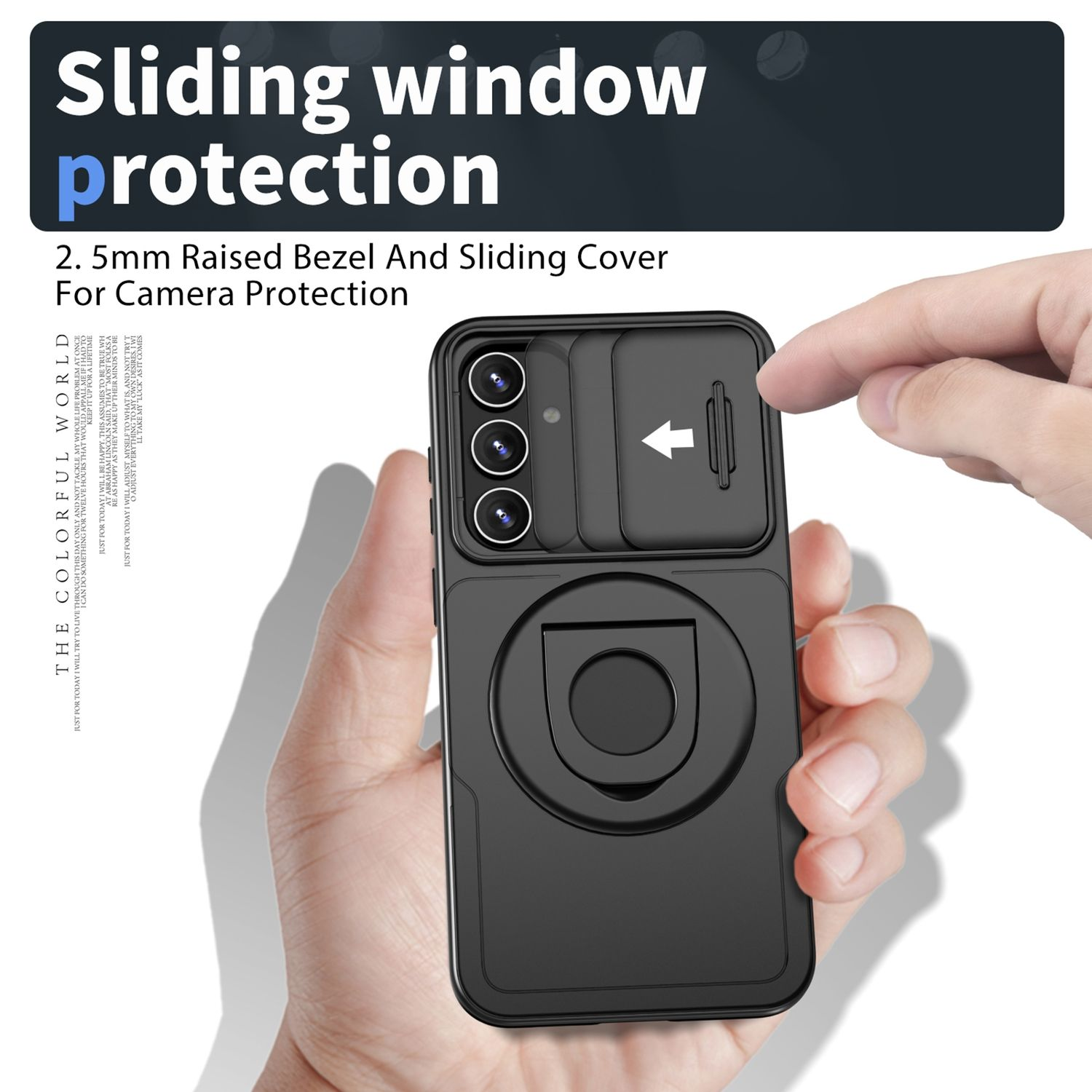 Schwarze Handyhülle mit verschiebbarer Kameraabdeckung, gehalten von einer Hand. Weißer Text auf dem Bild.