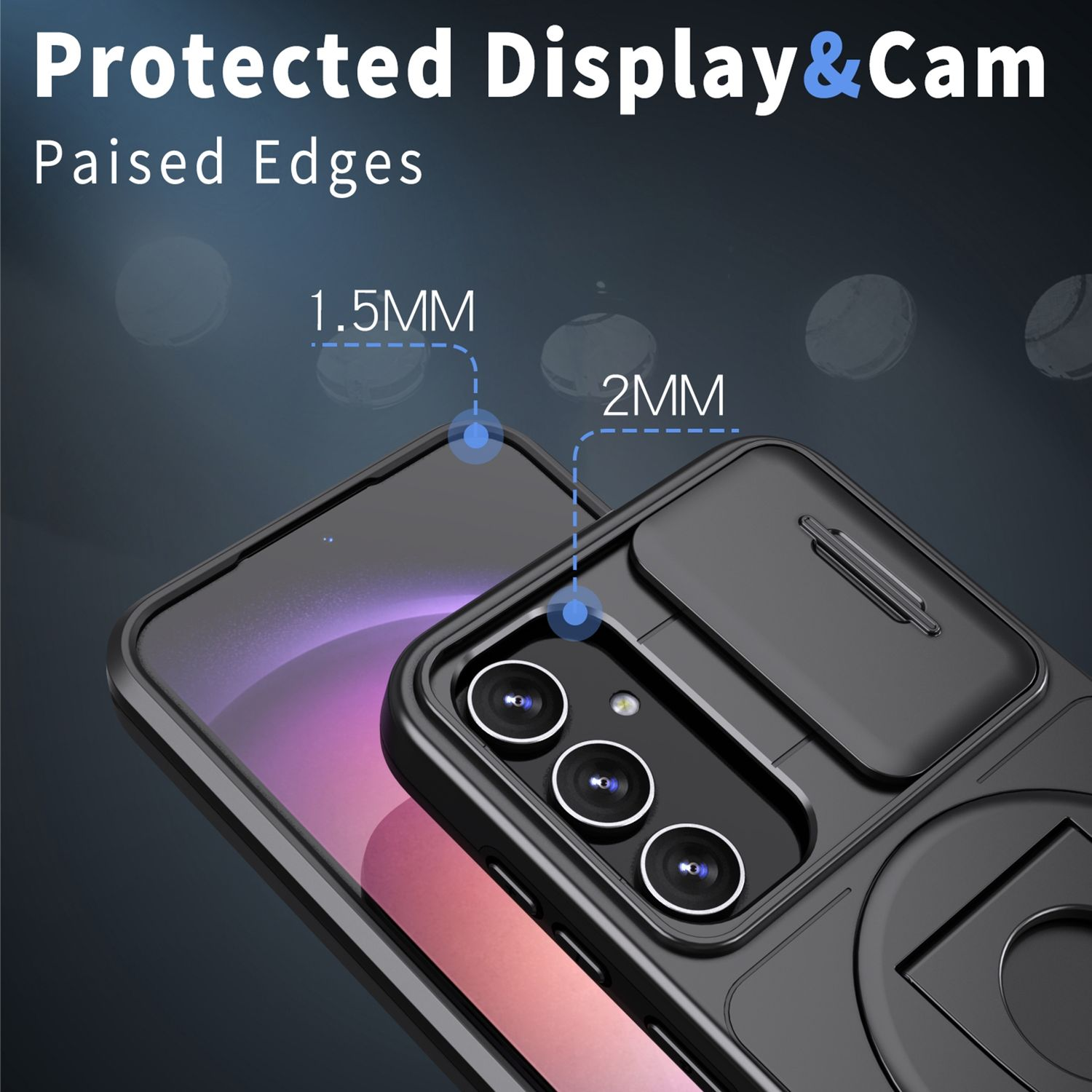 Nahaufnahme einer Handyhülle mit Kameraabdeckung, mit den Worten Protected Display&Cam und erhöhten Kanten.