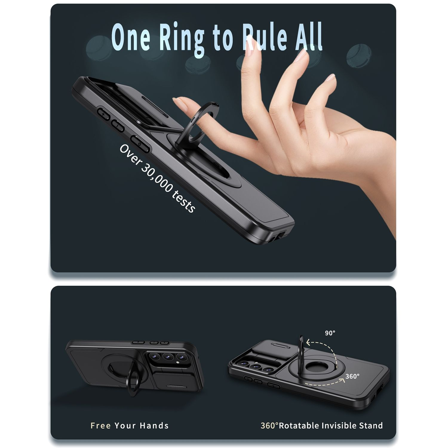 Schwarze Handyhülle mit Ringständer. Die Handyhülle befindet sich auf schwarzem Hintergrund.