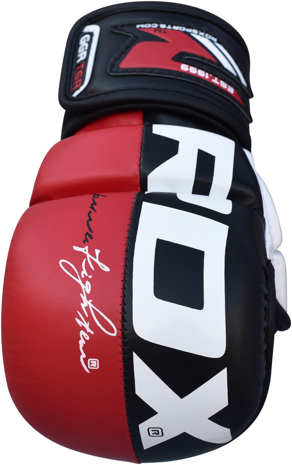 A yellow and black boxing glove with white text, positioned on a white background.
