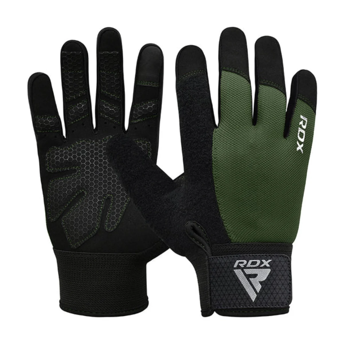 Paire de gants d'entraînement RDX noirs et verts. Paume noire avec dos en mesh vert. Logo RDX sur la sangle de poignet.
