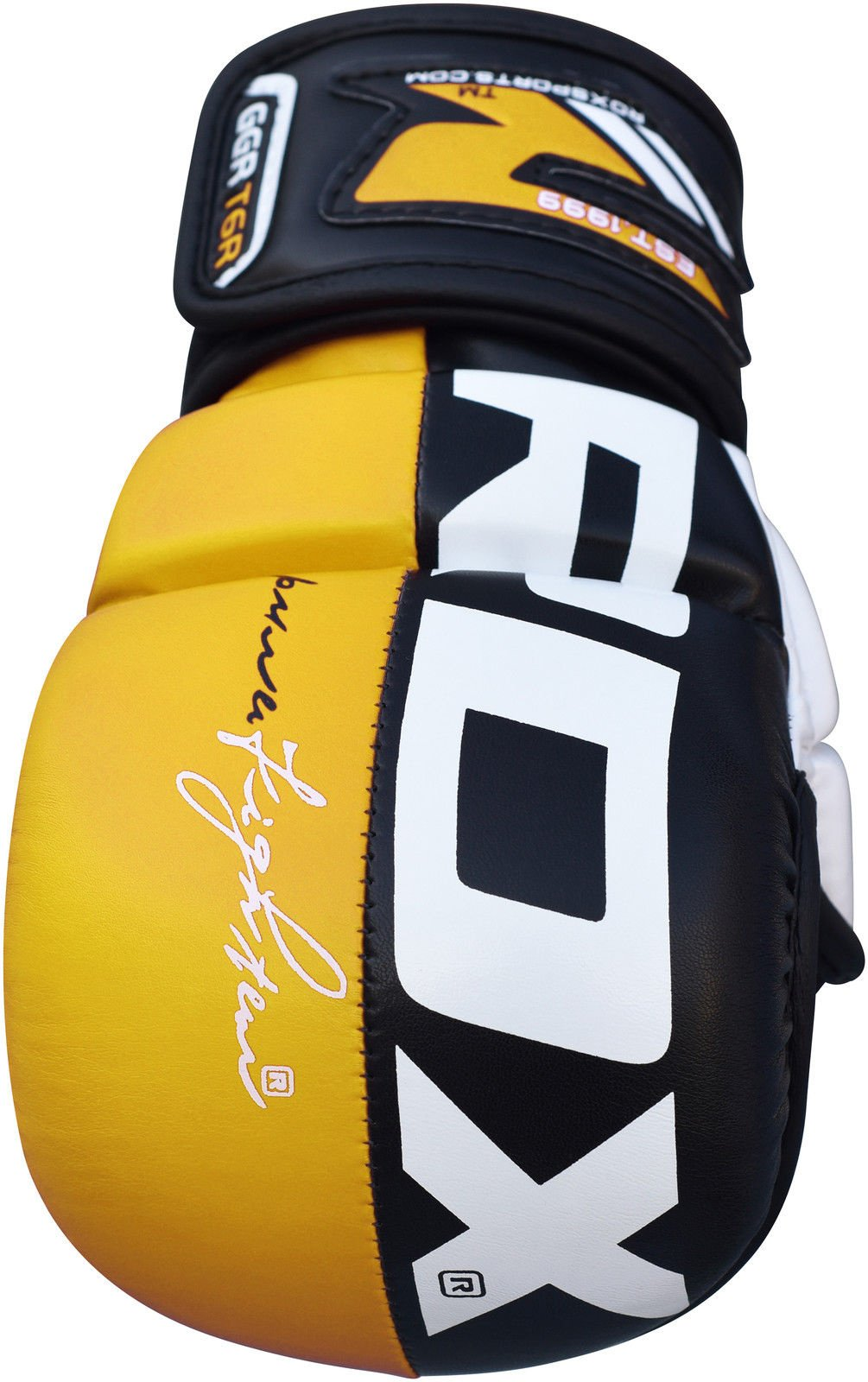 A yellow and black boxing glove with white text, positioned on a white background.