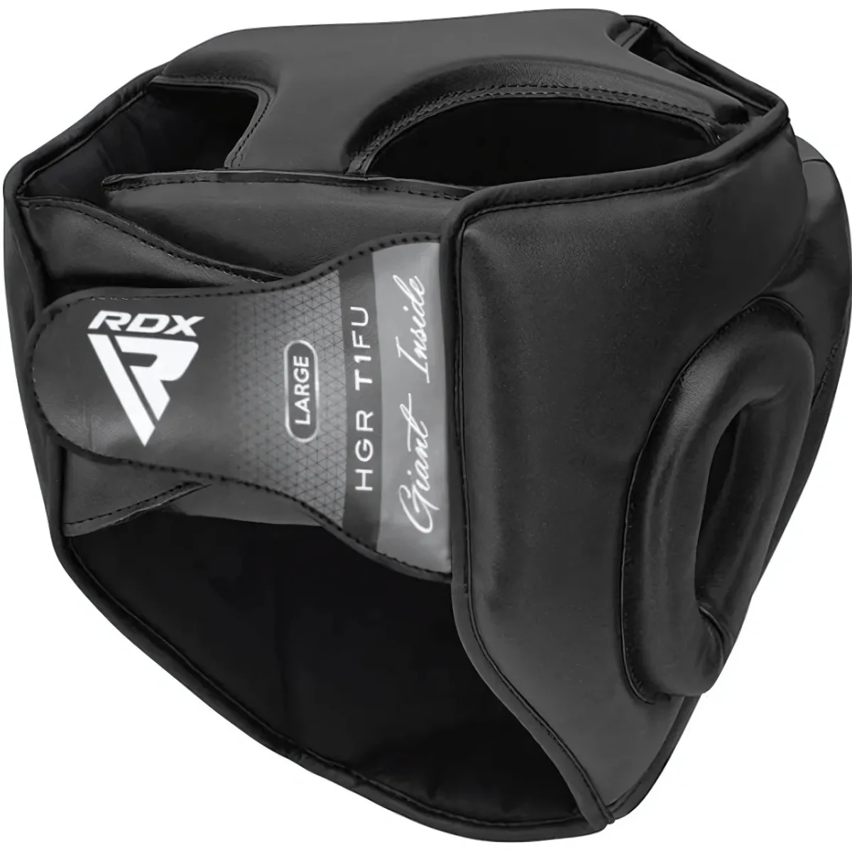 Zwarte RDX bokshoofdbescherming. Grote maat. Label luidt: 'HGR T1FU Giant Inside'.