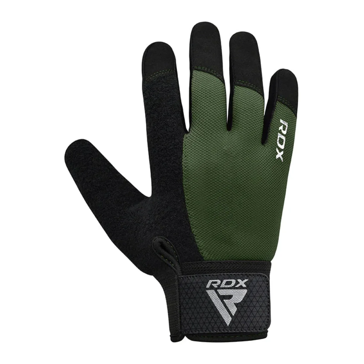 Gants sans doigts verts et noirs. La marque 'RDX' est visible sur le poignet et le dos.