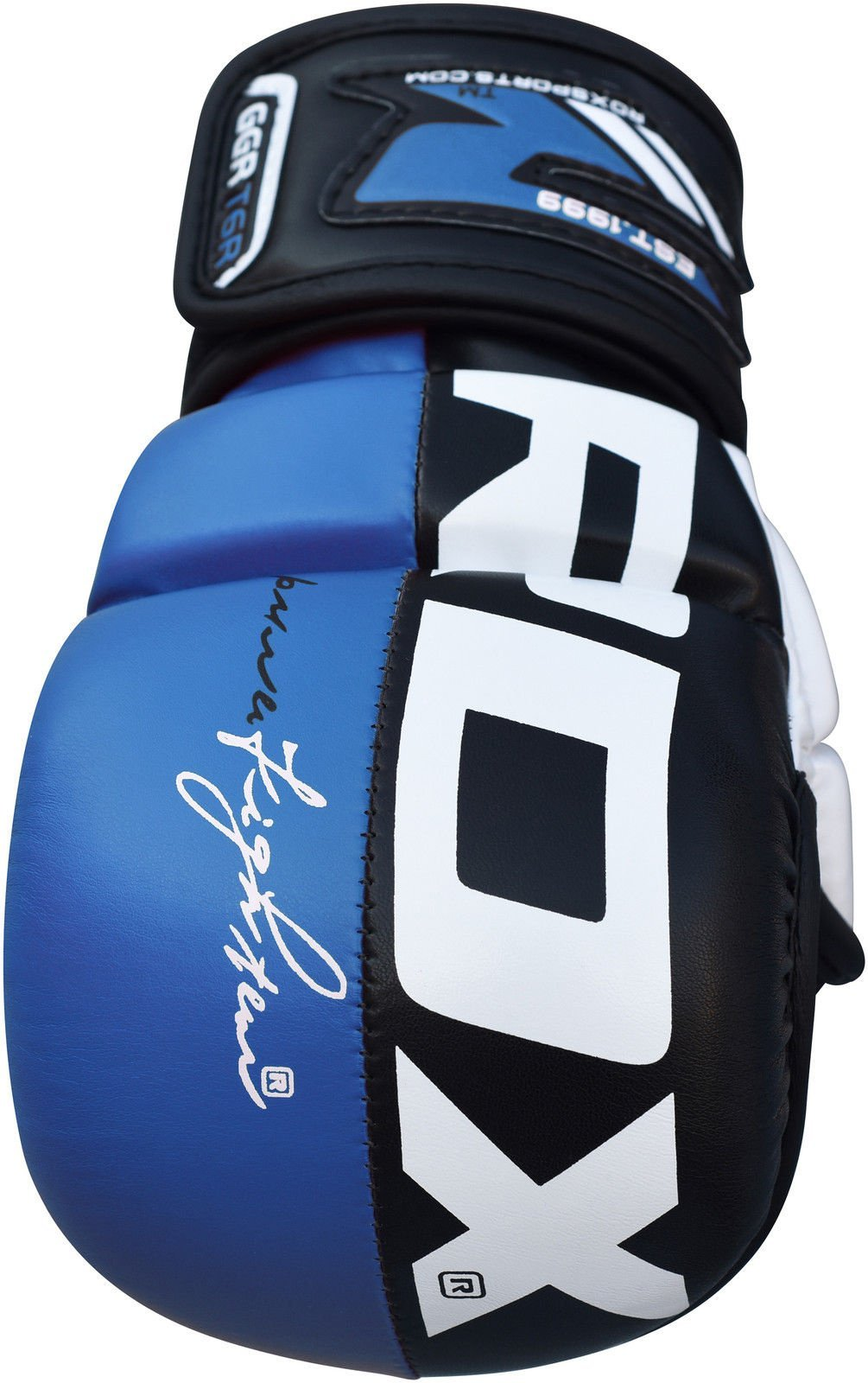 Gant de boxe RDX bleu, noir et blanc avec logo et signature.