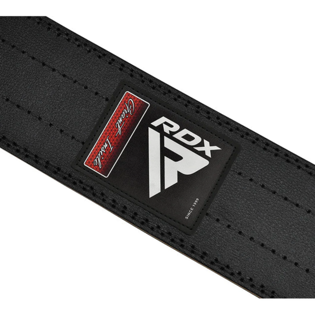 Black weightlifting belt with the logo RDX. The background is white.